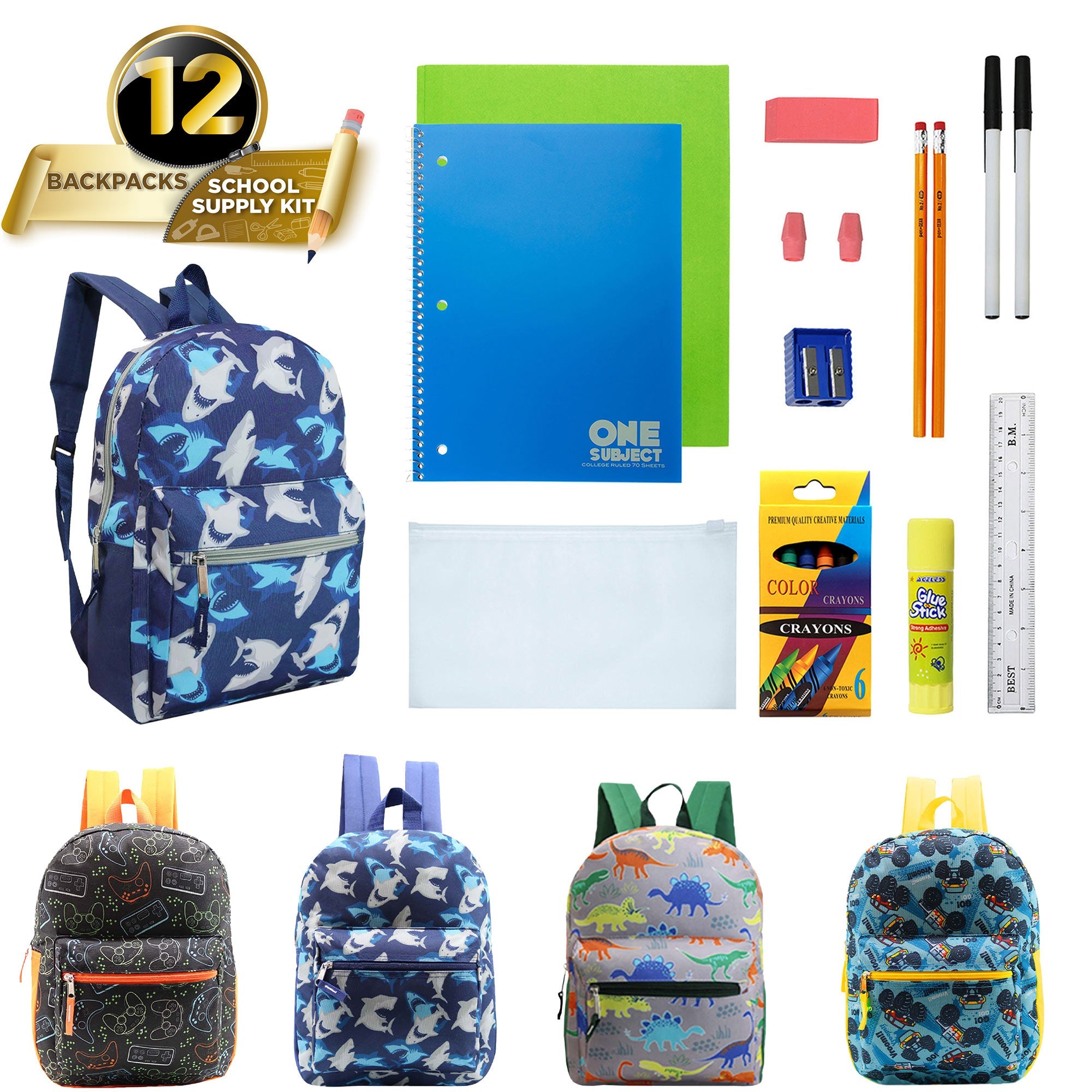 12 Wholesale 15" Printed Kids Backpacks & 12 Bulk School Supply Kits of Your Choice