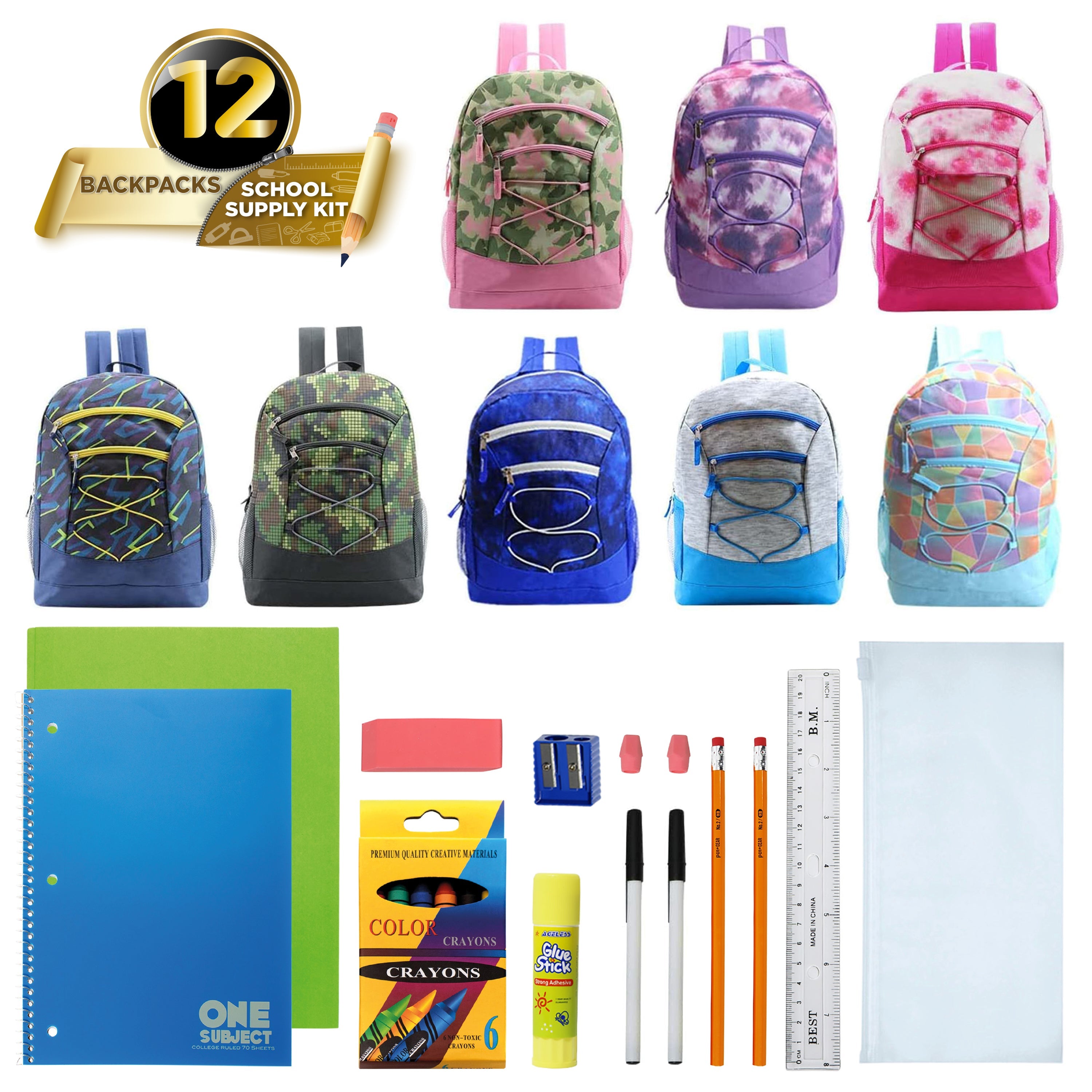 12 Multi-Color 17" Bungee Backpacks in Assorted Colors & 12 Bulk School Supply Kits of Your Choice