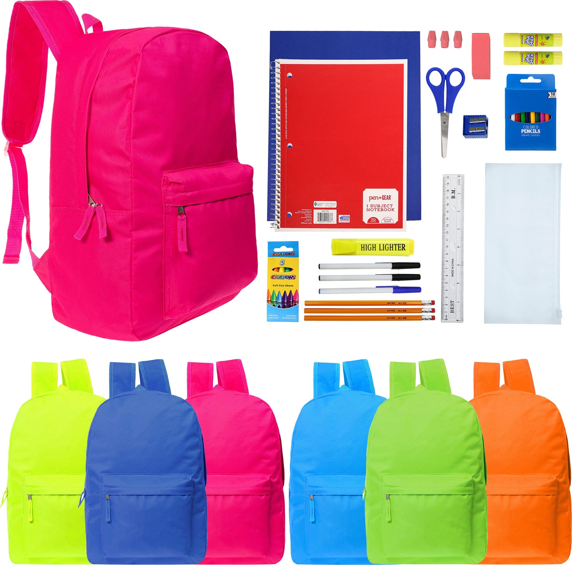 17 Inch Bulk Backpacks in Assorted Colors with School Supply Kits Wholesale - Case of 12