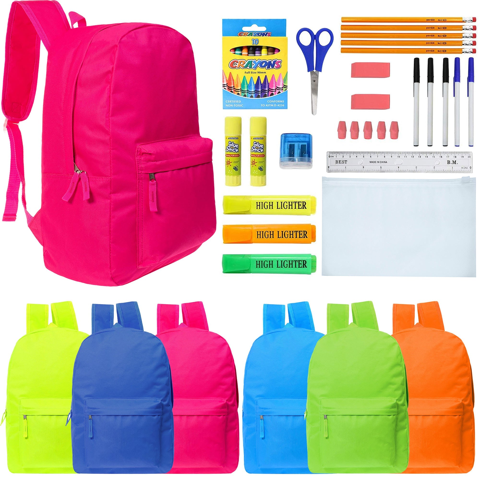 17 Inch Bulk Backpacks in Assorted Colors with School Supply Kits Wholesale - Case of 12