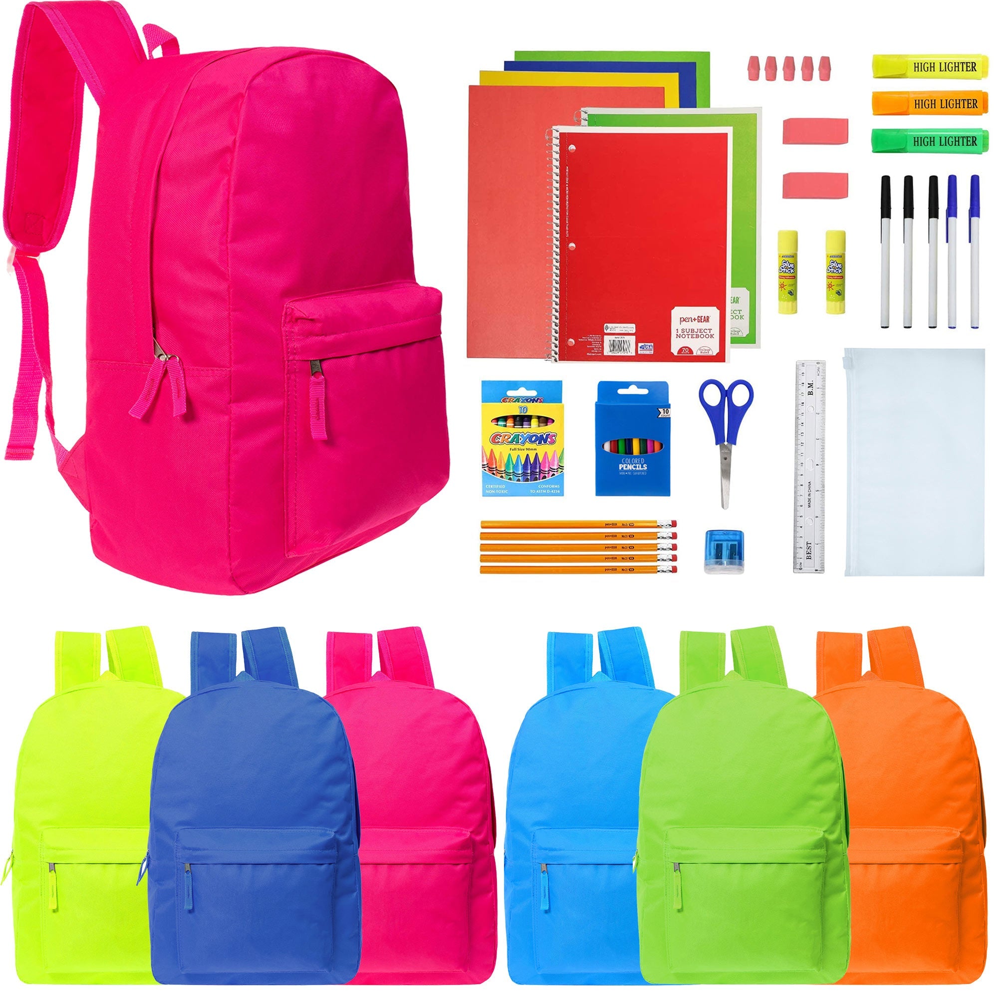 17 Inch Bulk Backpacks in Assorted Colors with School Supply Kits Wholesale - Case of 12