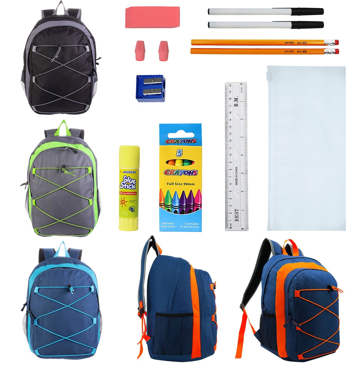 17 Inch Wholesale Backpacks in Assorted Colors with School Supply Kits Bulk - Kit of 12