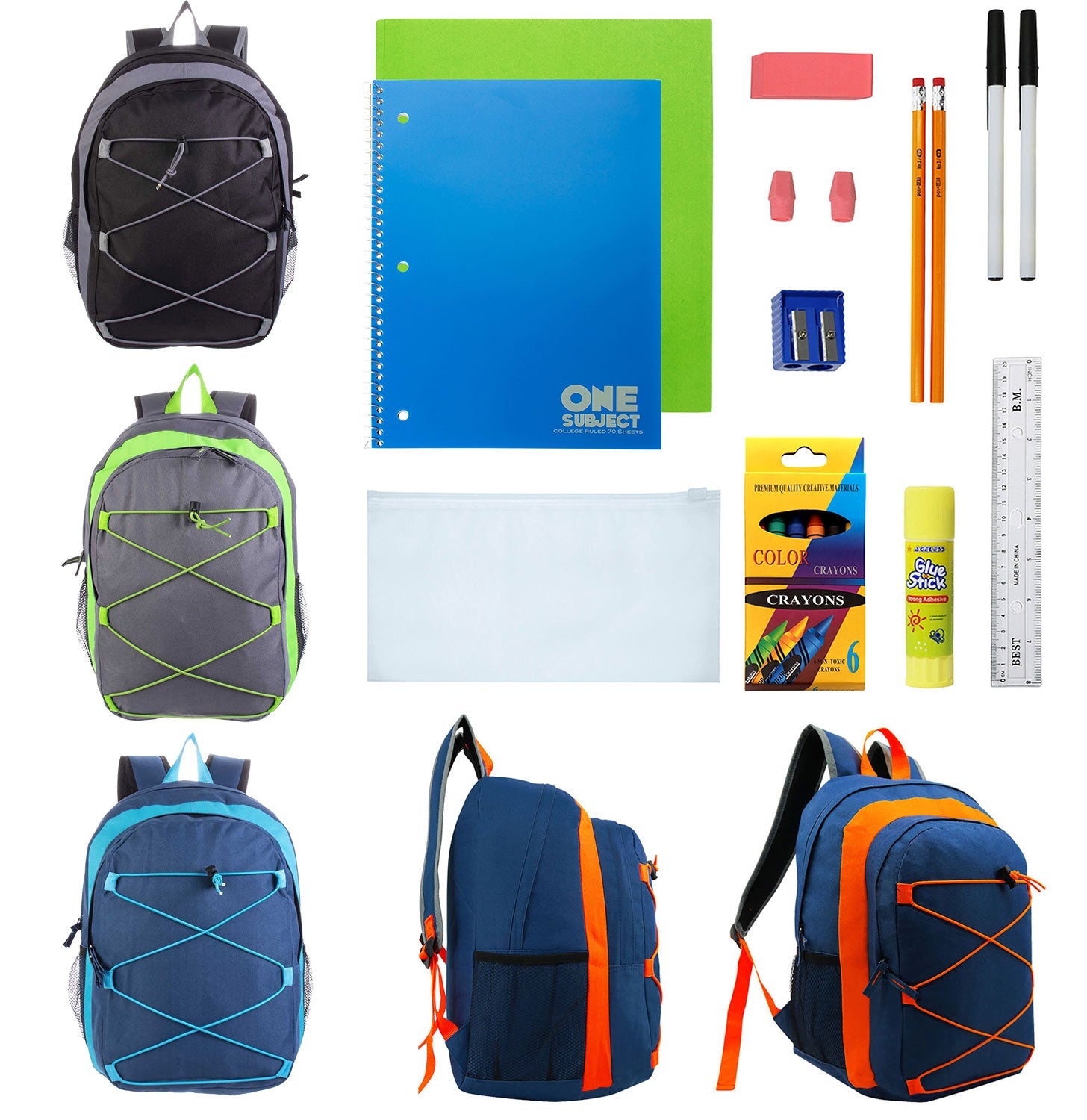 17 Inch Wholesale Backpacks in Assorted Colors with School Supply Kits Bulk - Kit of 12