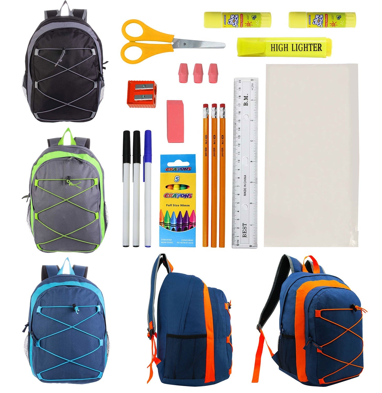 12 Wholesale 17" Bungee Backpacks in 4 Colors and 12 Bulk School Supply Kits of Your Choice