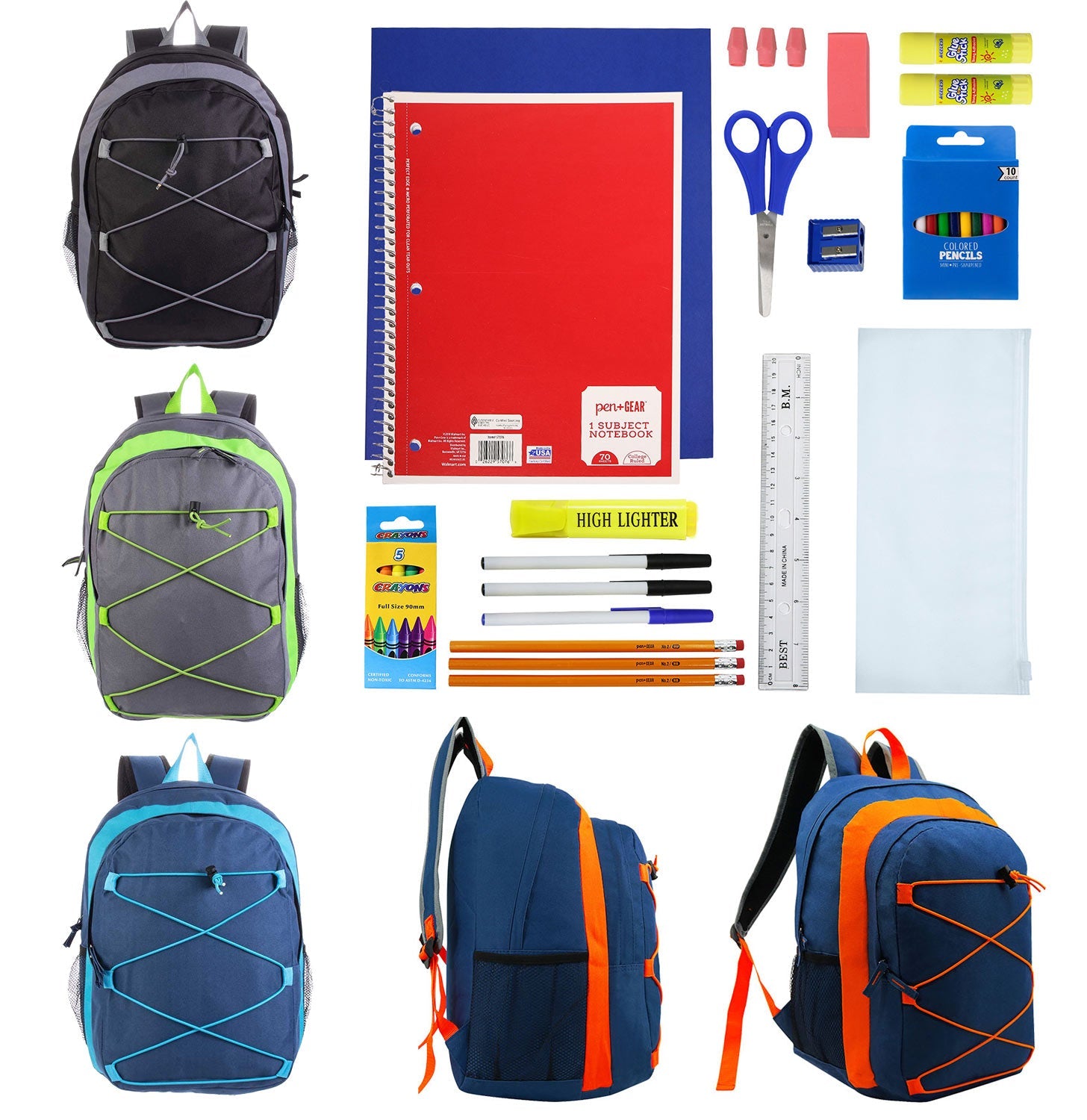 12 Wholesale 17" Bungee Backpacks in 4 Colors and 12 Bulk School Supply Kits of Your Choice