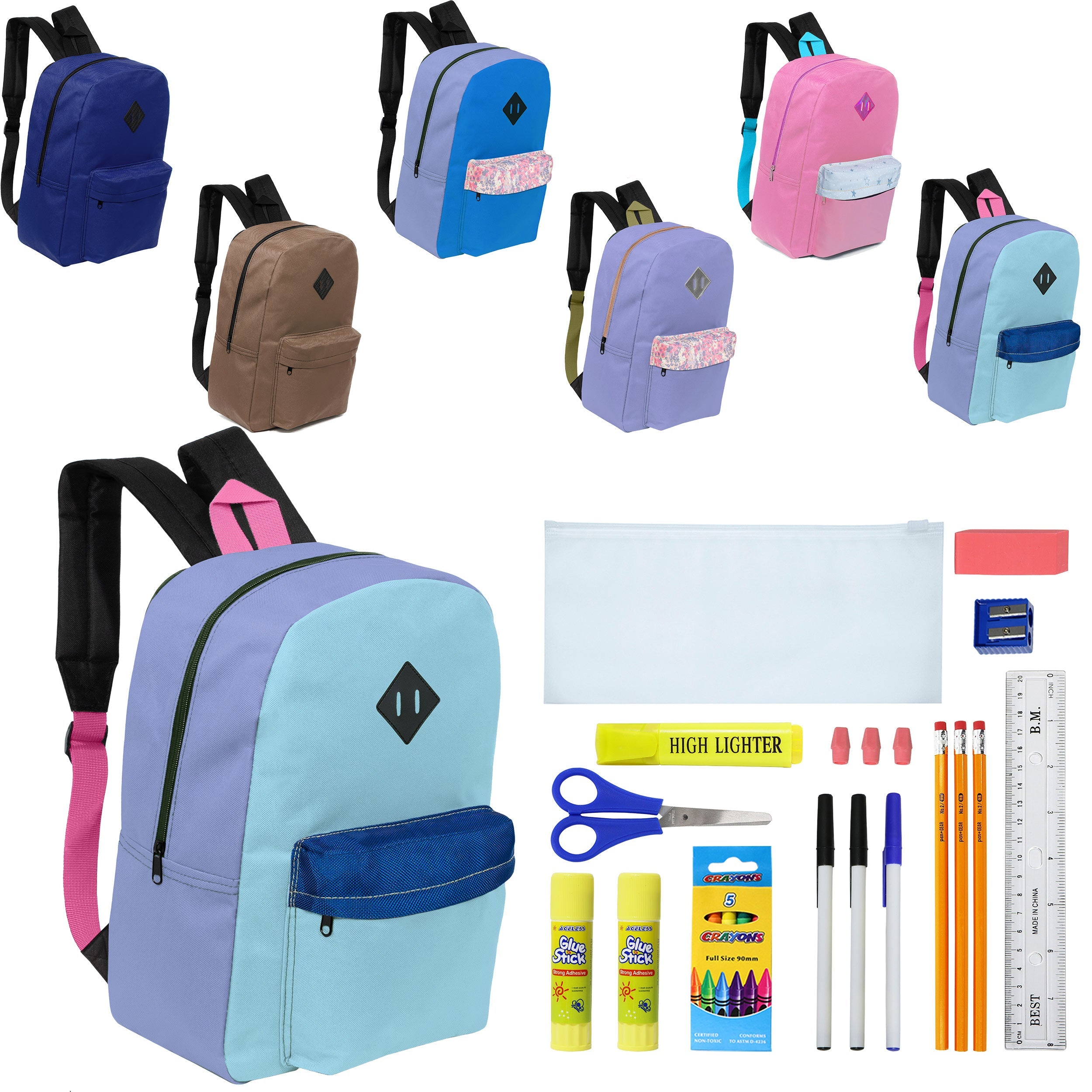 12 Wholesale 17" Padded Backpacks in 6 Random Prints & 12 Bulk School Supply Kits of Your Choice
