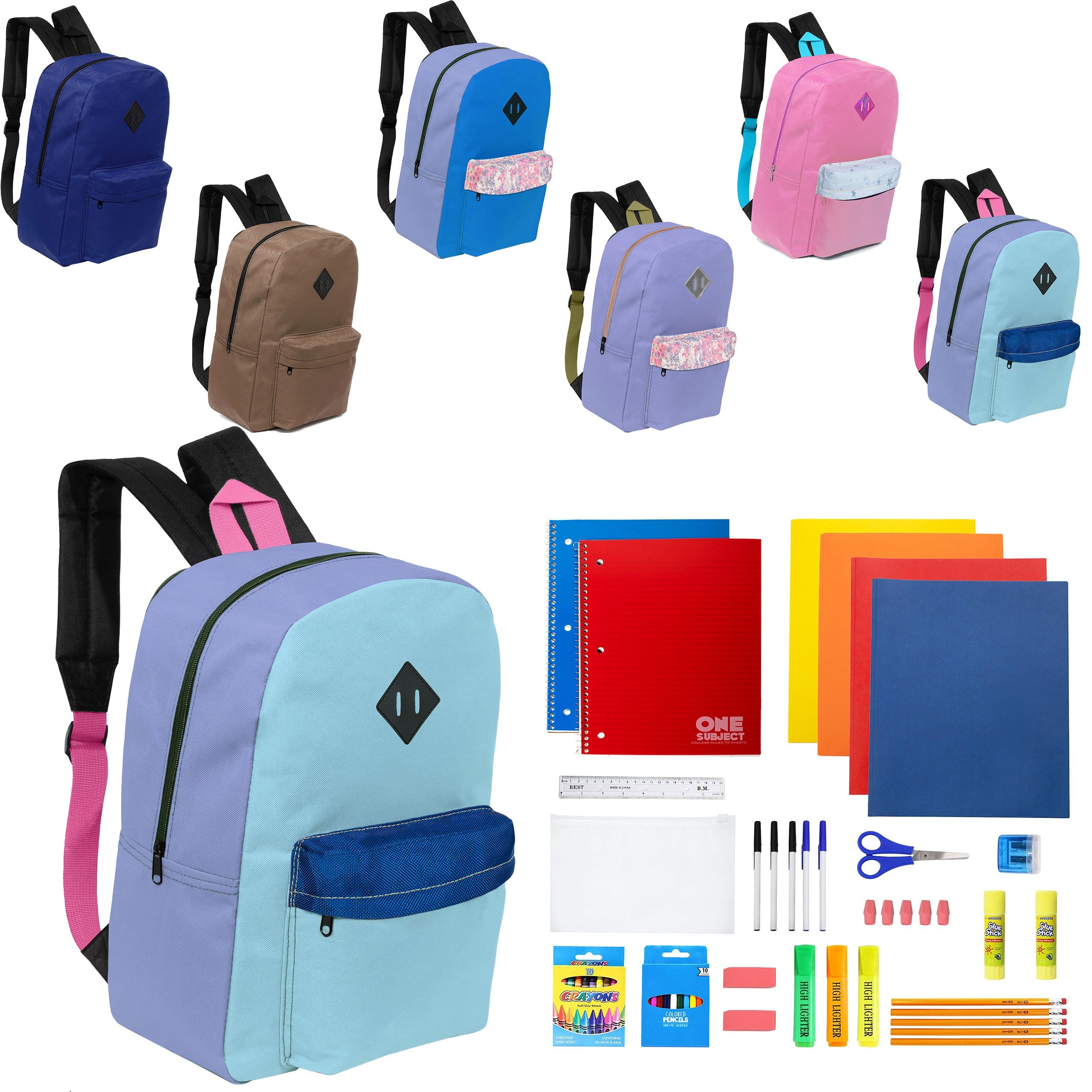 12 Wholesale 17" Padded Backpacks in 6 Random Prints & 12 Bulk School Supply Kits of Your Choice