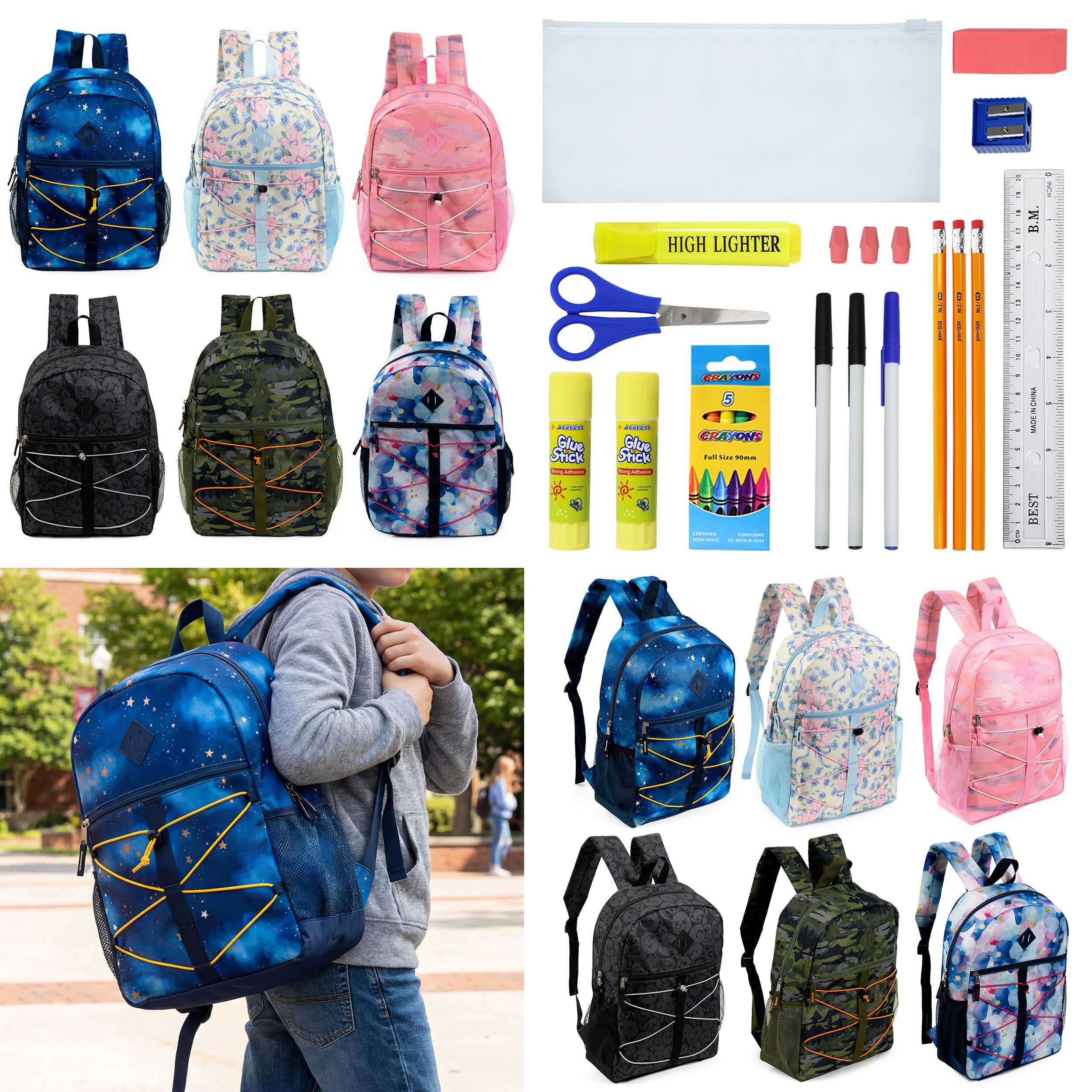 12 Wholesale 17" Bungee Backpack in 6 Prints & 12 Bulk School Supply Kits of Your Choice