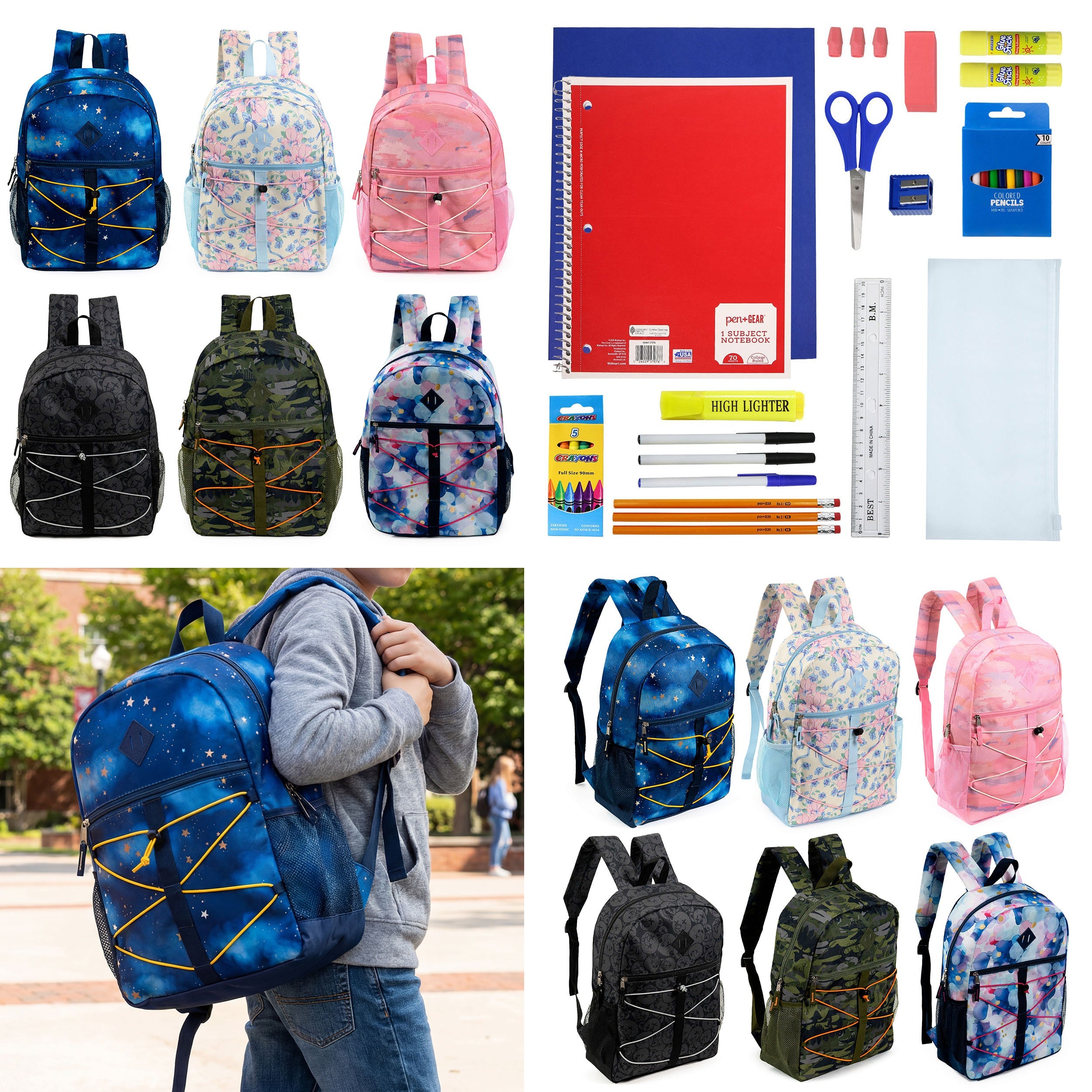 12 Wholesale 17" Bungee Backpack in 6 Prints & 12 Bulk School Supply Kits of Your Choice