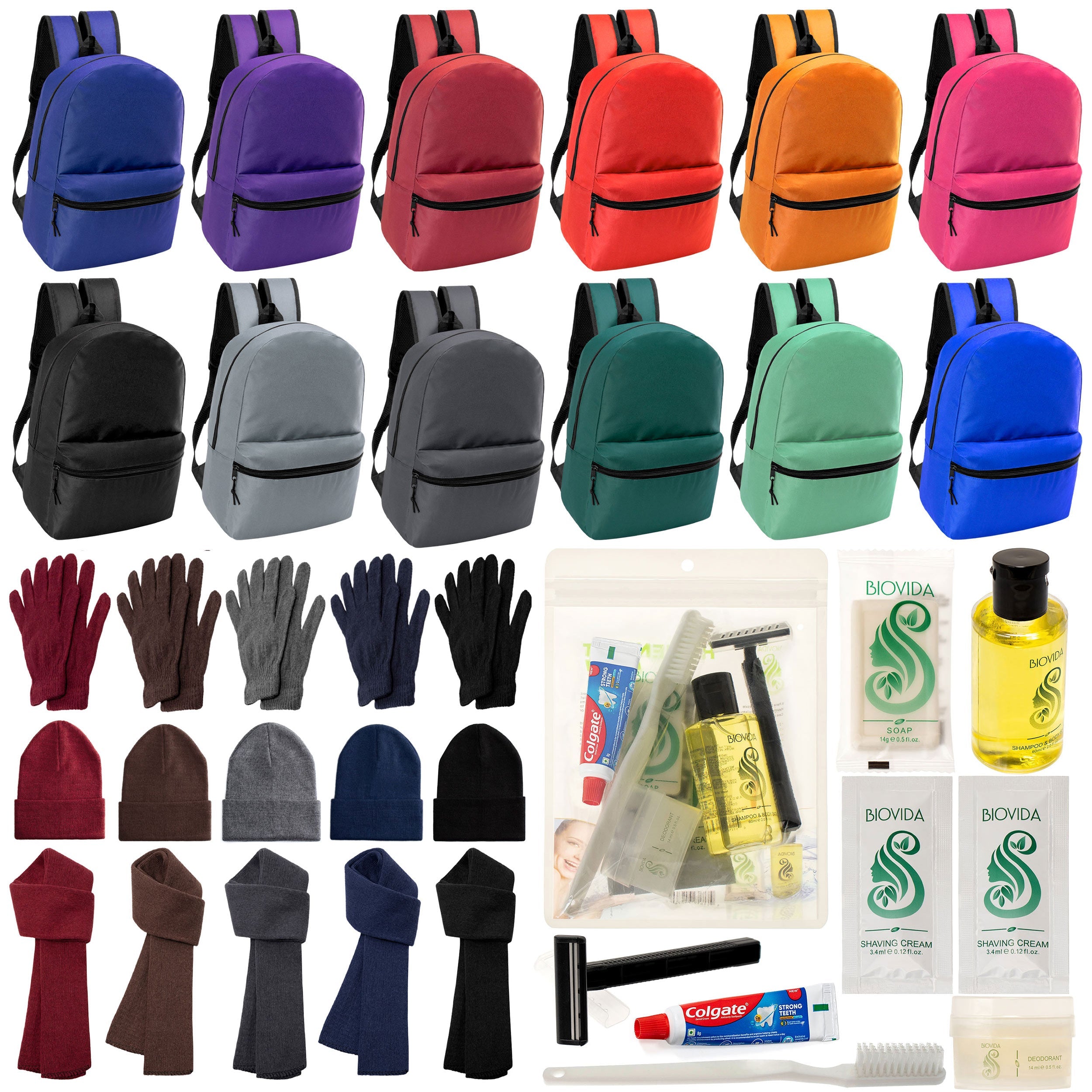 12 Basic 17" Backpacks in 12 Colors, 12 Winter Item Sets & Your Choice of 12 Bulk Hygiene Kits - Wholesale Homeless Care Package