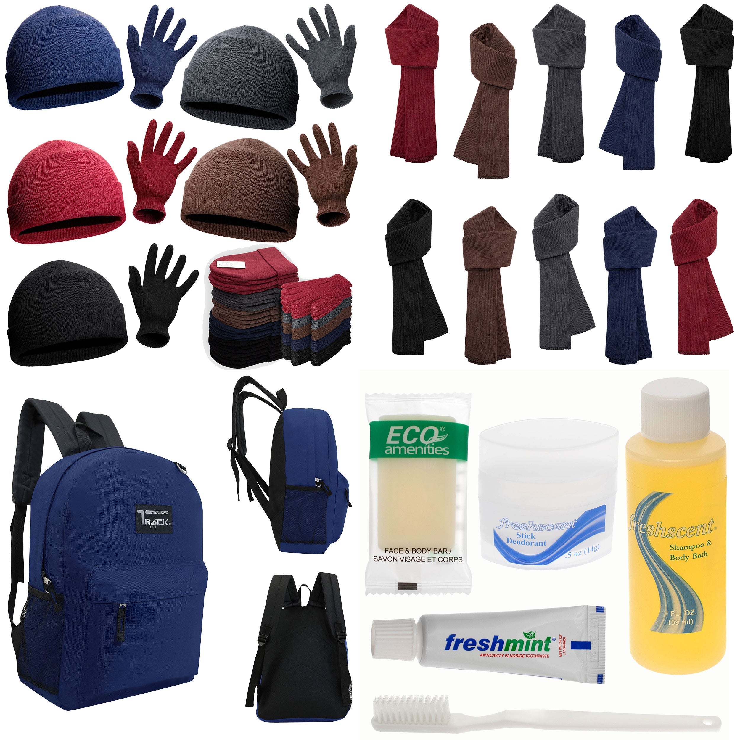 12 Navy Blue 17" Backpacks with 12 Winter Item Sets & Your Choice of 12 Bulk Hygiene Kits - Wholesale Homeless Care Package