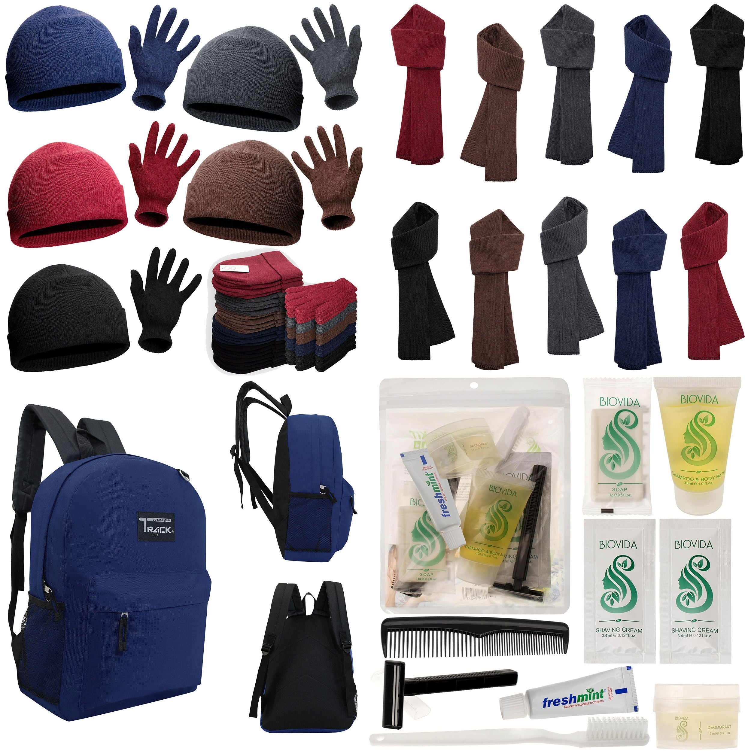 12 Navy Blue 17" Backpacks with 12 Winter Item Sets & Your Choice of 12 Bulk Hygiene Kits - Wholesale Homeless Care Package