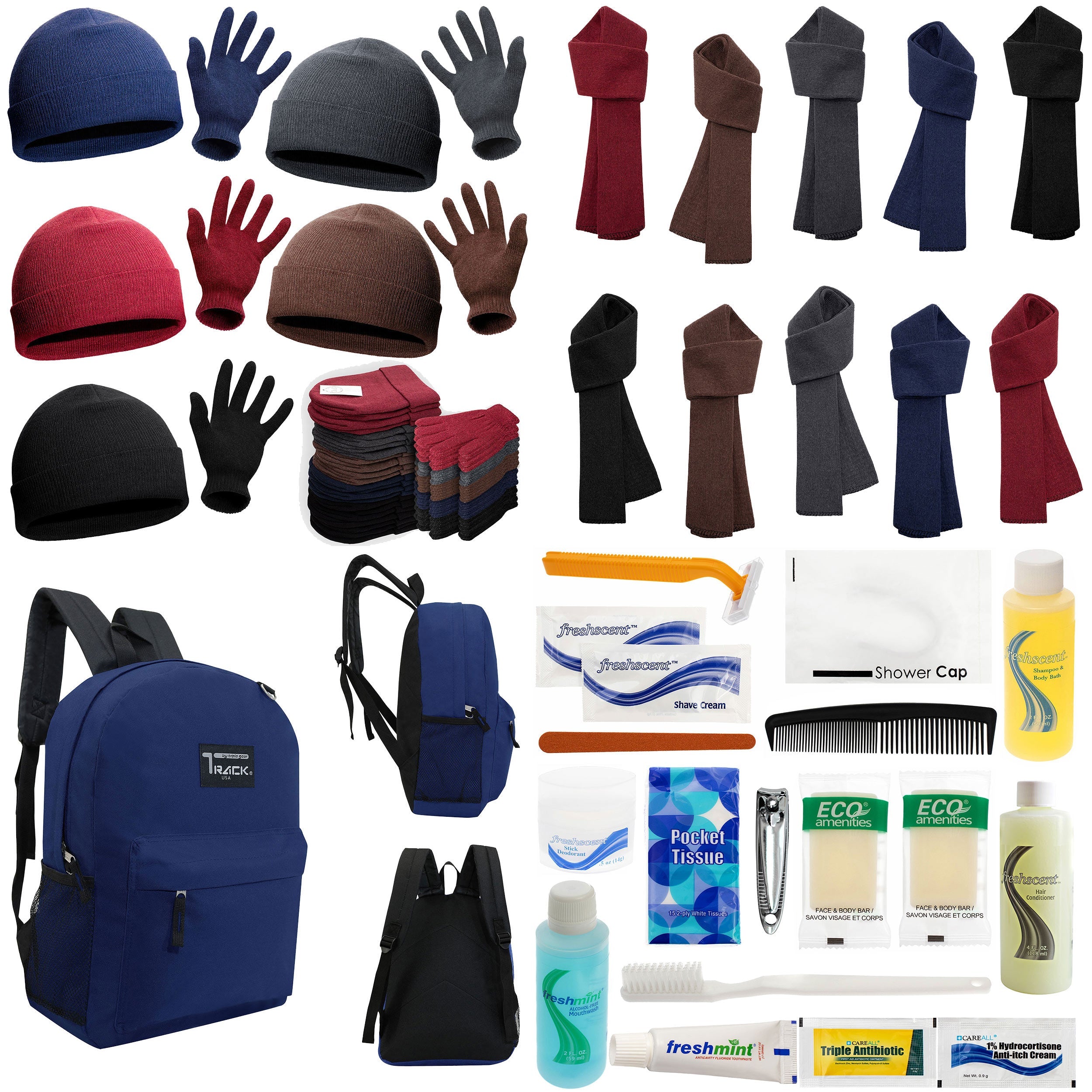 12 Navy Blue 17" Backpacks with 12 Winter Item Sets & Your Choice of 12 Bulk Hygiene Kits - Wholesale Homeless Care Package