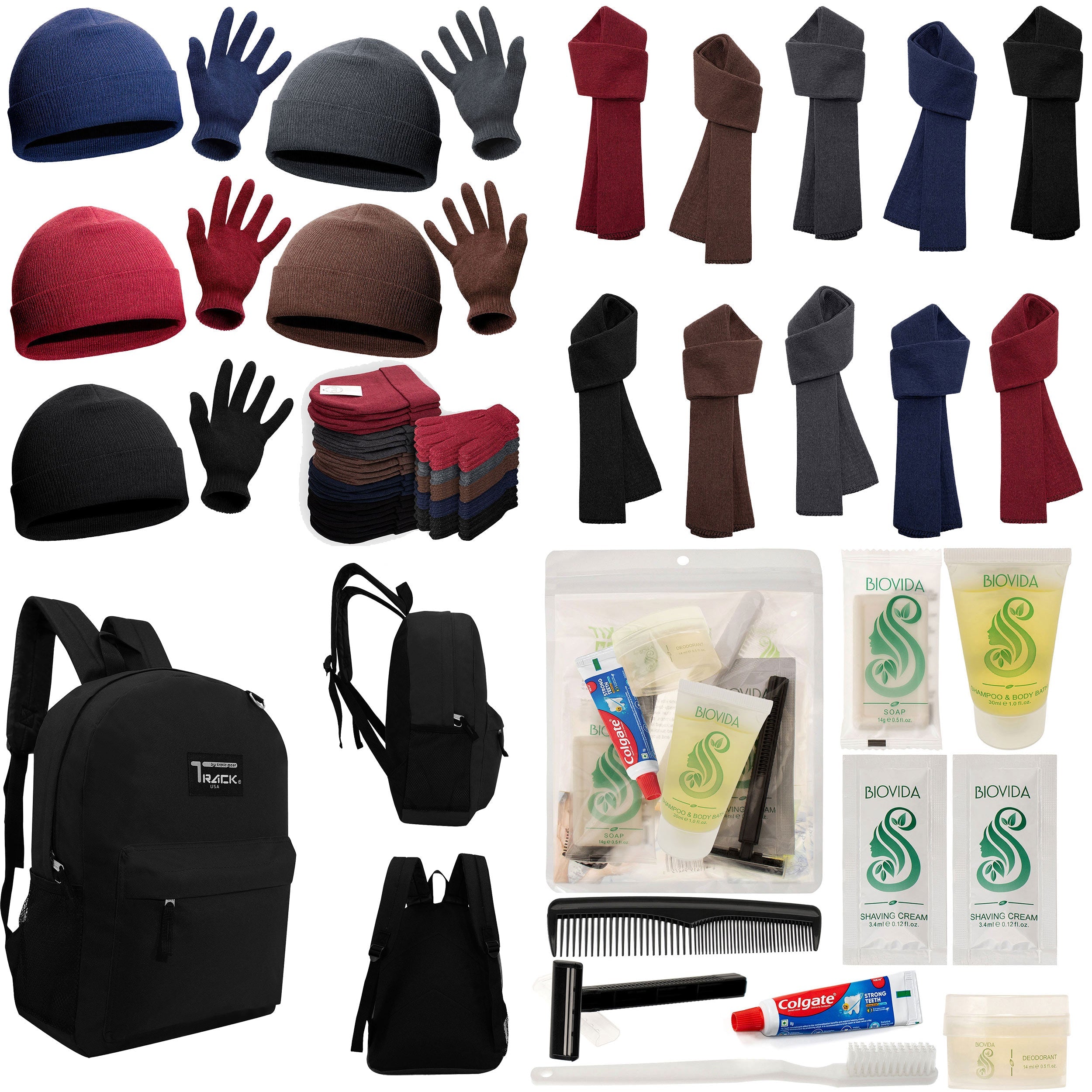 12 Black 17" Backpacks with 12 Winter Item Sets & Your Choice of 12 Bulk Hygiene Kits - Wholesale Homeless Care Package