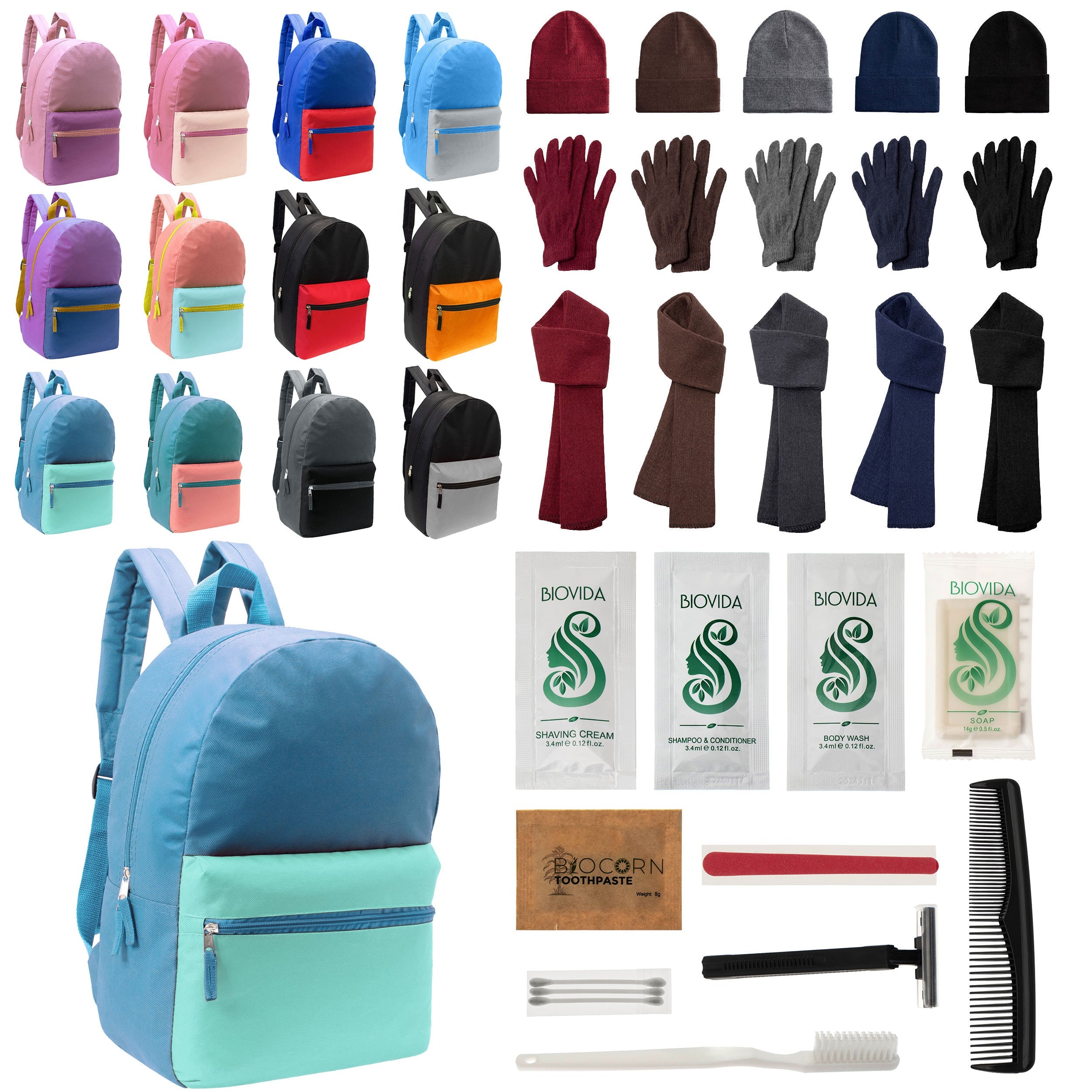 12 Basic Multi Color 17" Backpacks, 12 Winter Item Sets & Your Choice of 12 Bulk Hygiene Kits - Wholesale Homeless Care Package