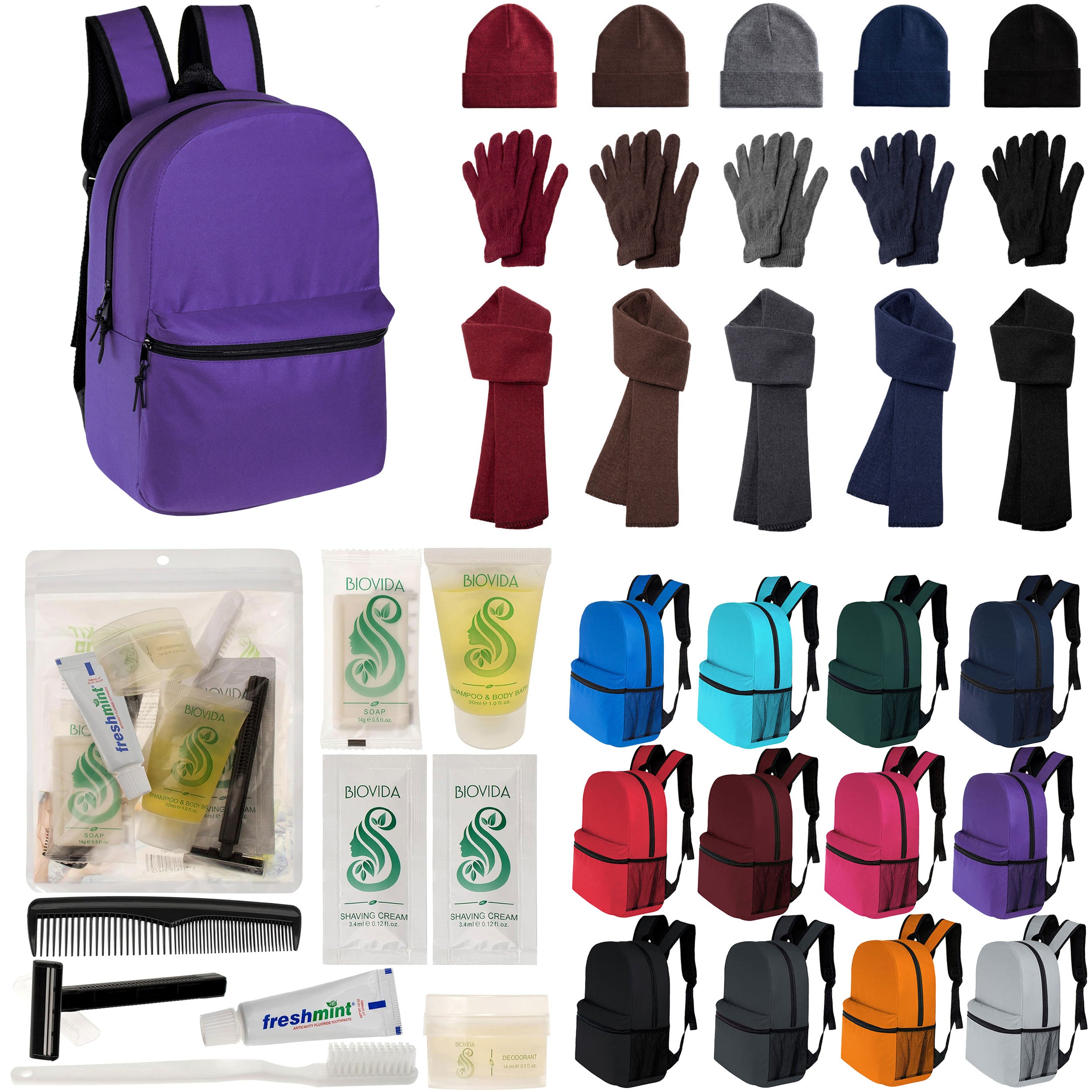 12 Classic 16" Backpacks in 12 Colors, 12 Winter Item Sets & Your Choice of 12 Bulk Hygiene Kits - Wholesale Homeless Care Package