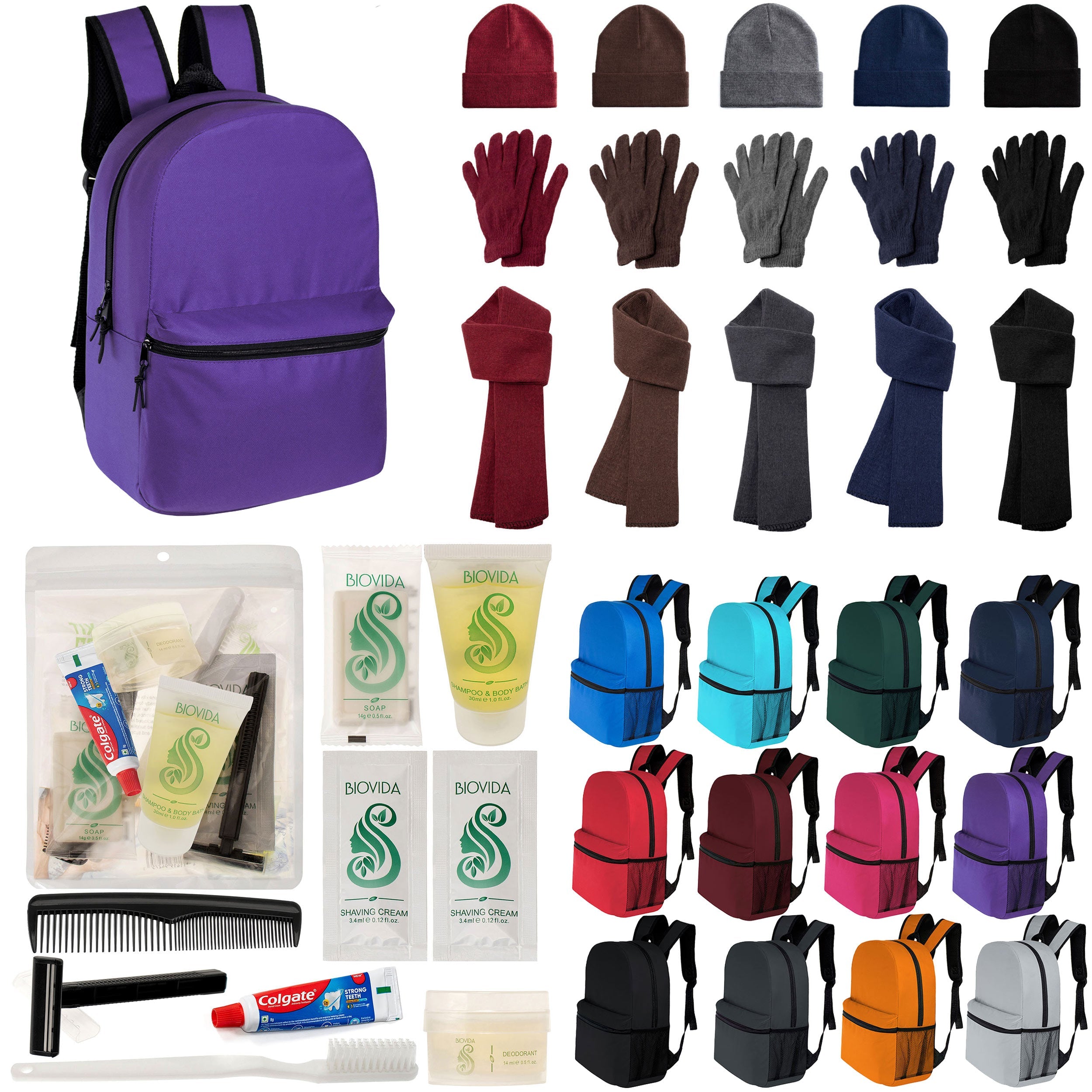 12 Classic 16" Backpacks in 12 Colors, 12 Winter Item Sets & Your Choice of 12 Bulk Hygiene Kits - Wholesale Homeless Care Package