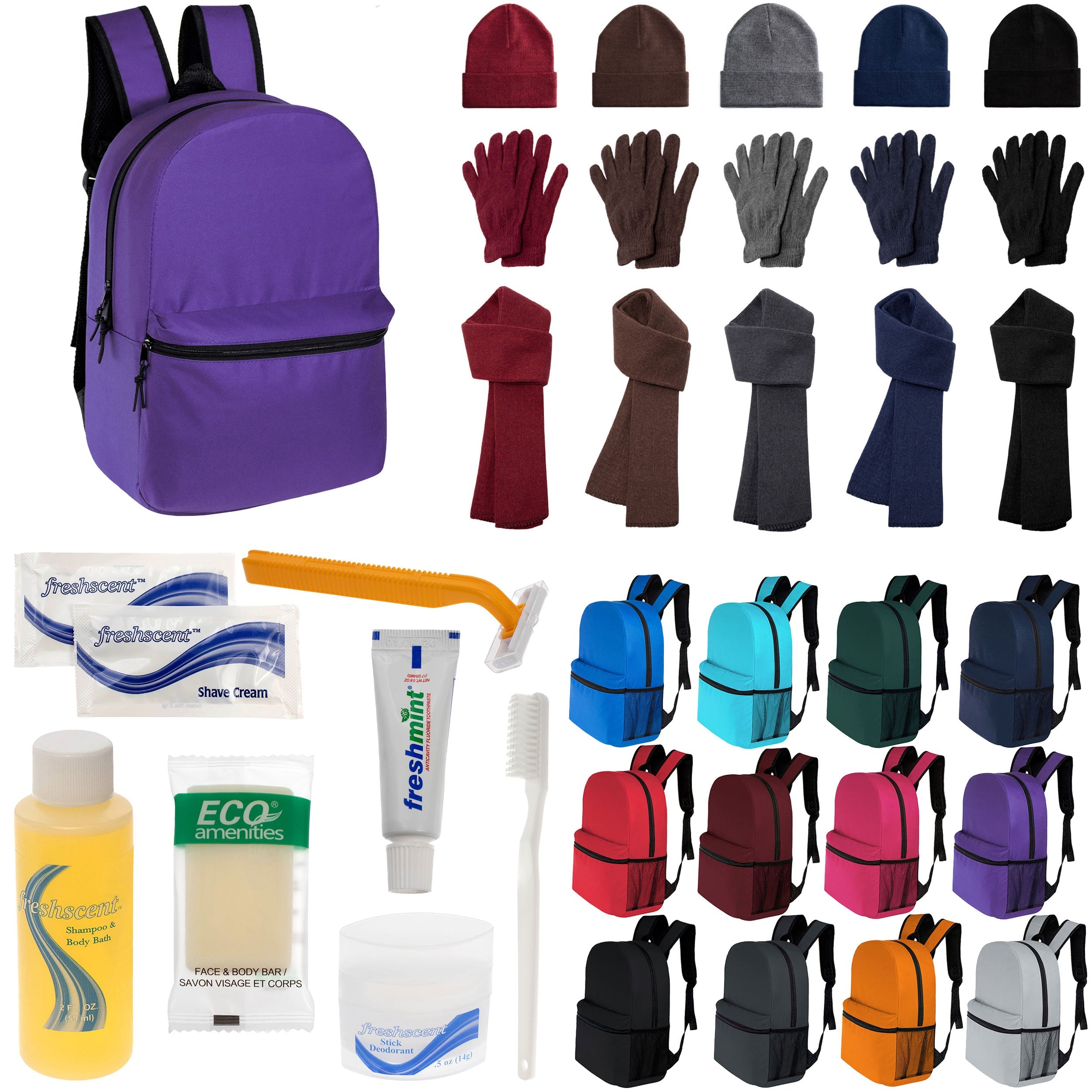 12 Classic 16" Backpacks in 12 Colors, 12 Winter Item Sets & Your Choice of 12 Bulk Hygiene Kits - Wholesale Homeless Care Package