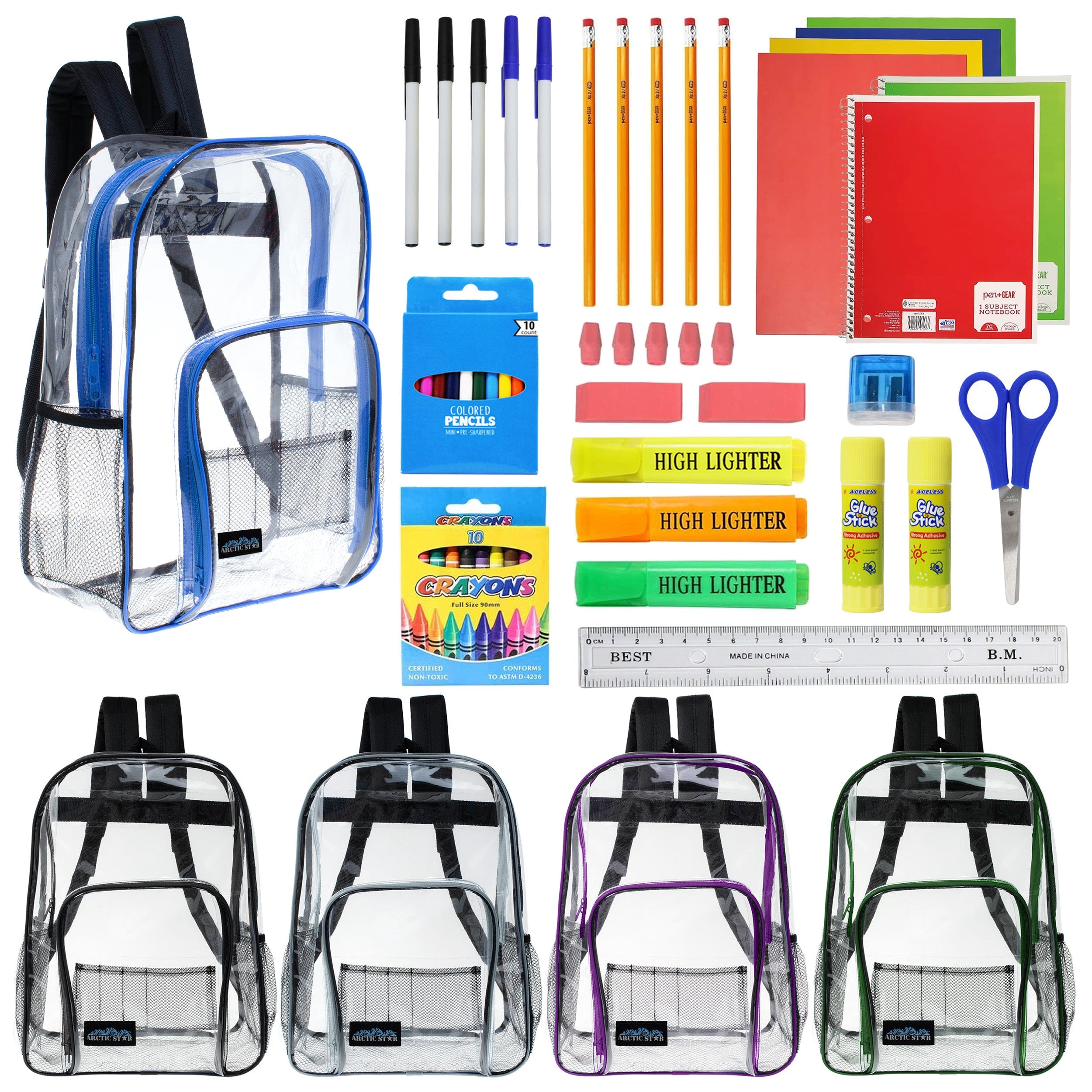 12 Wholesale 13" Clear Backpacks in Assorted Colors and 12 Bulk School Supply Kits of Your Choice