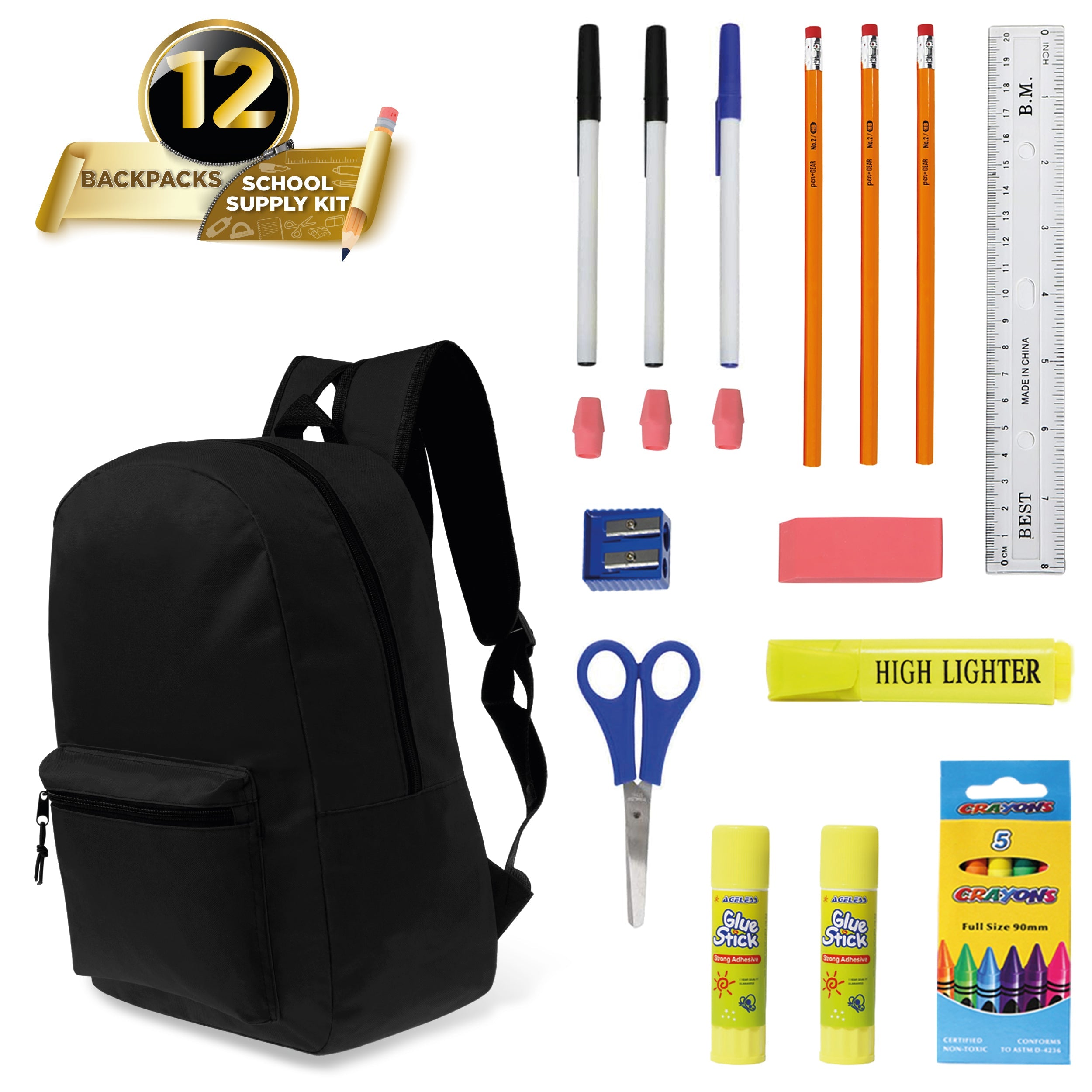 12 Black 17" Basic Kids Wholesale Backpacks and 12 Bulk School Supply Kits of Your Choice