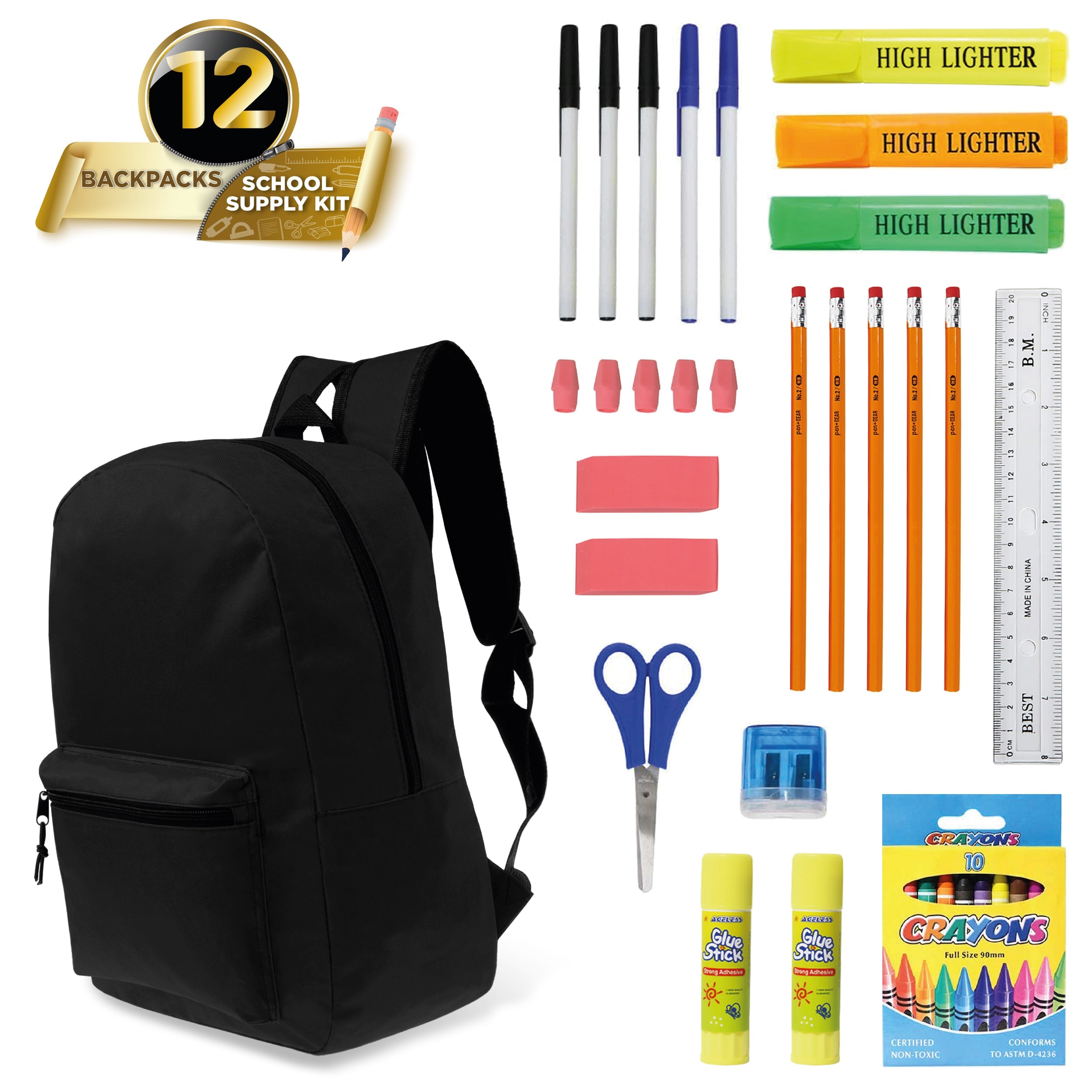 17 inches School Backpacks for Kids In Black Color Bulk School Supplies - Kit Case Of 12