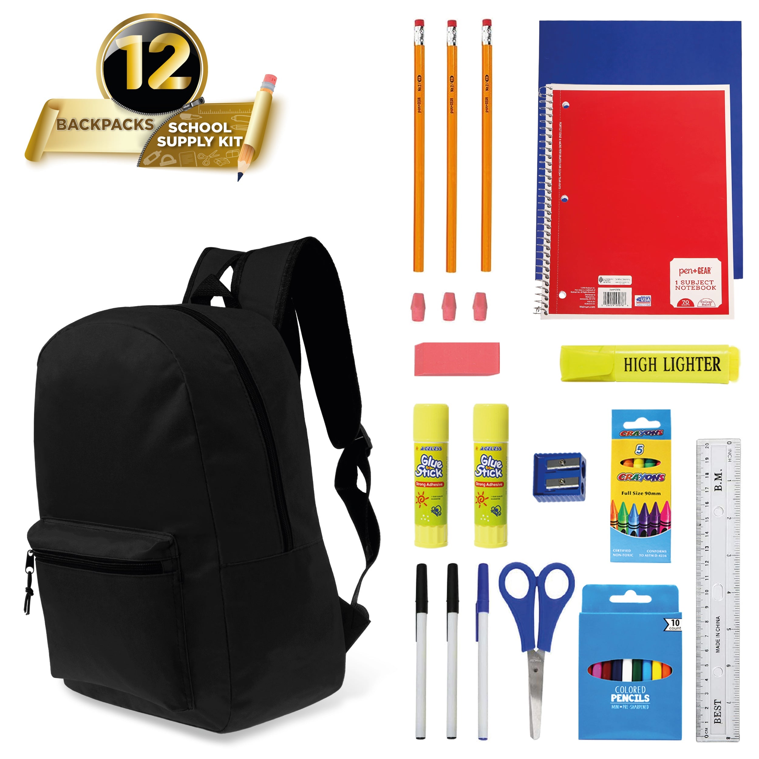 12 Wholesale 15" Classic Backpacks in Black & 12 Bulk School Supply Kits of Your Choice