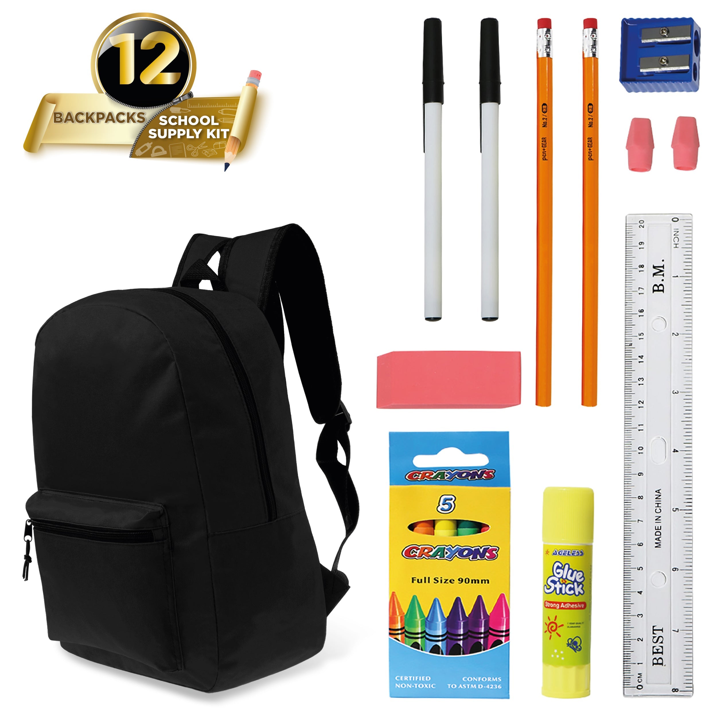 17 inches School Backpacks for Kids In Black Color Bulk School Supplies - Kit Case Of 12