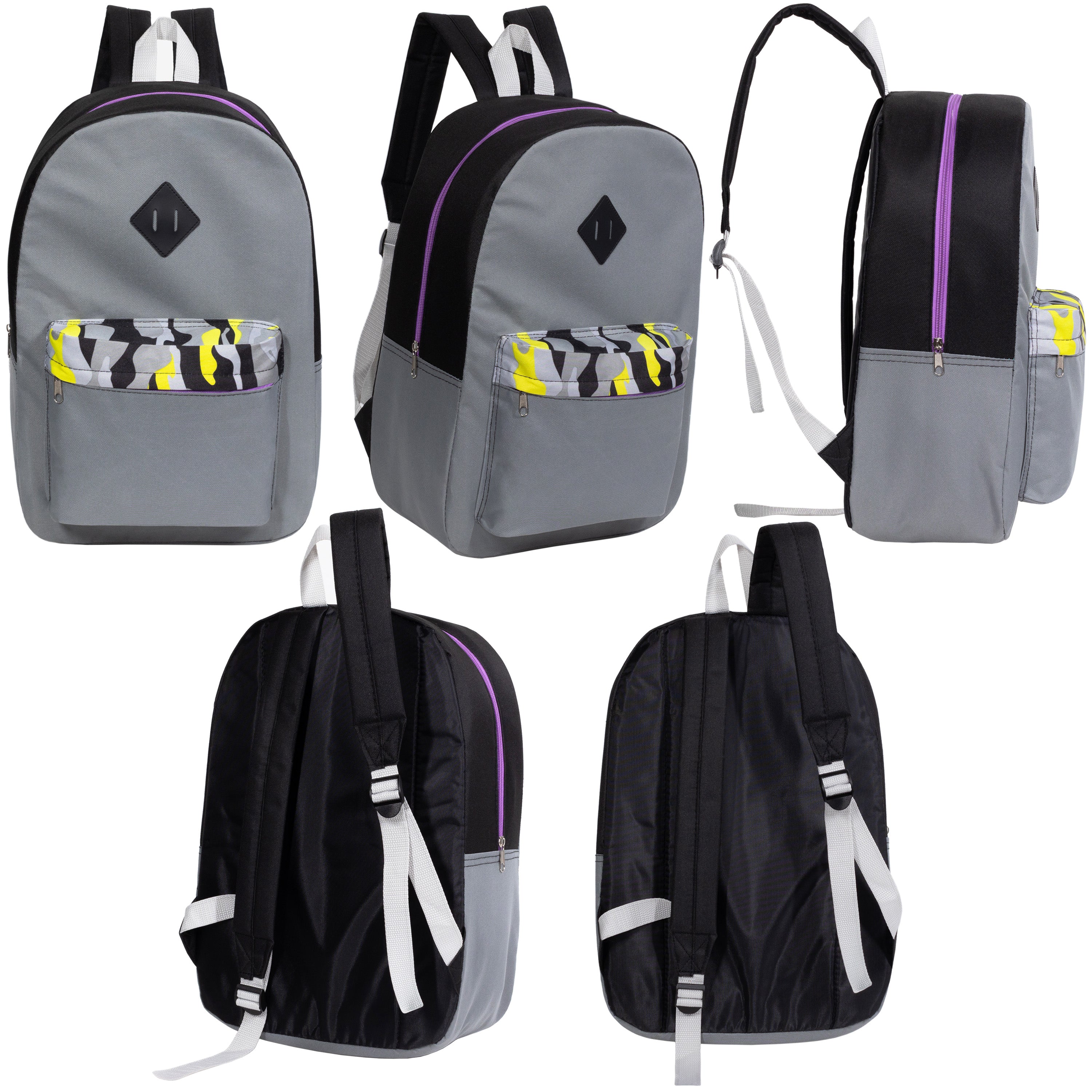 17" Padded Back Kids Wholesale Backpacks with a Diamond Patch in 3 Colors  - Bulk Case of 24