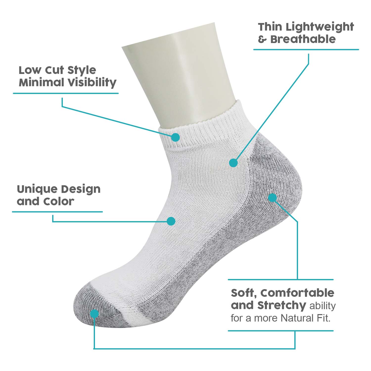 Unisex Low Cut Wholesale Sock, Size 10-13 in White with Grey - Bulk Case of 180 Pairs