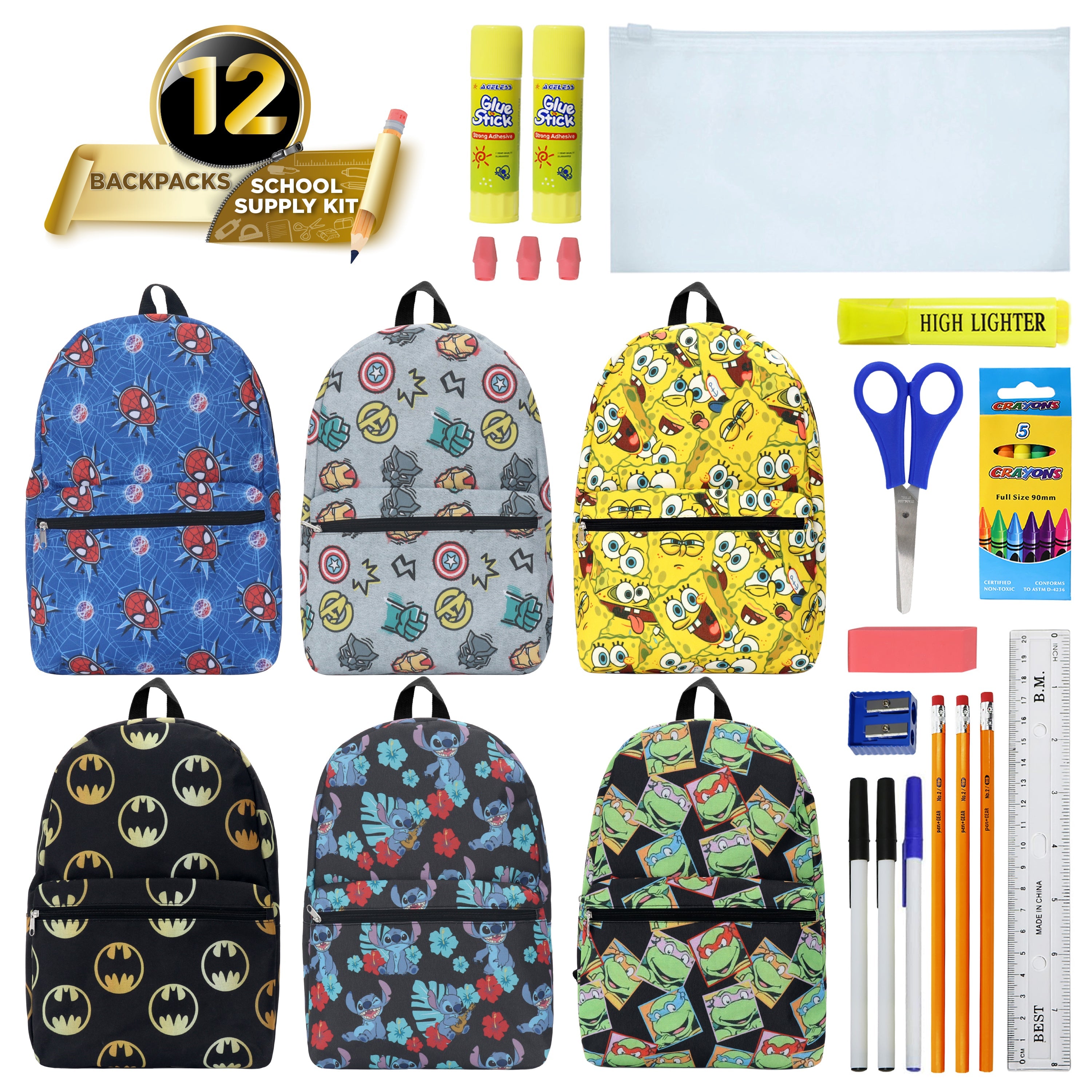 12 Wholesale 17" Licensed Character Backpacks & 12 Bulk School Supply Kits of Your Choice