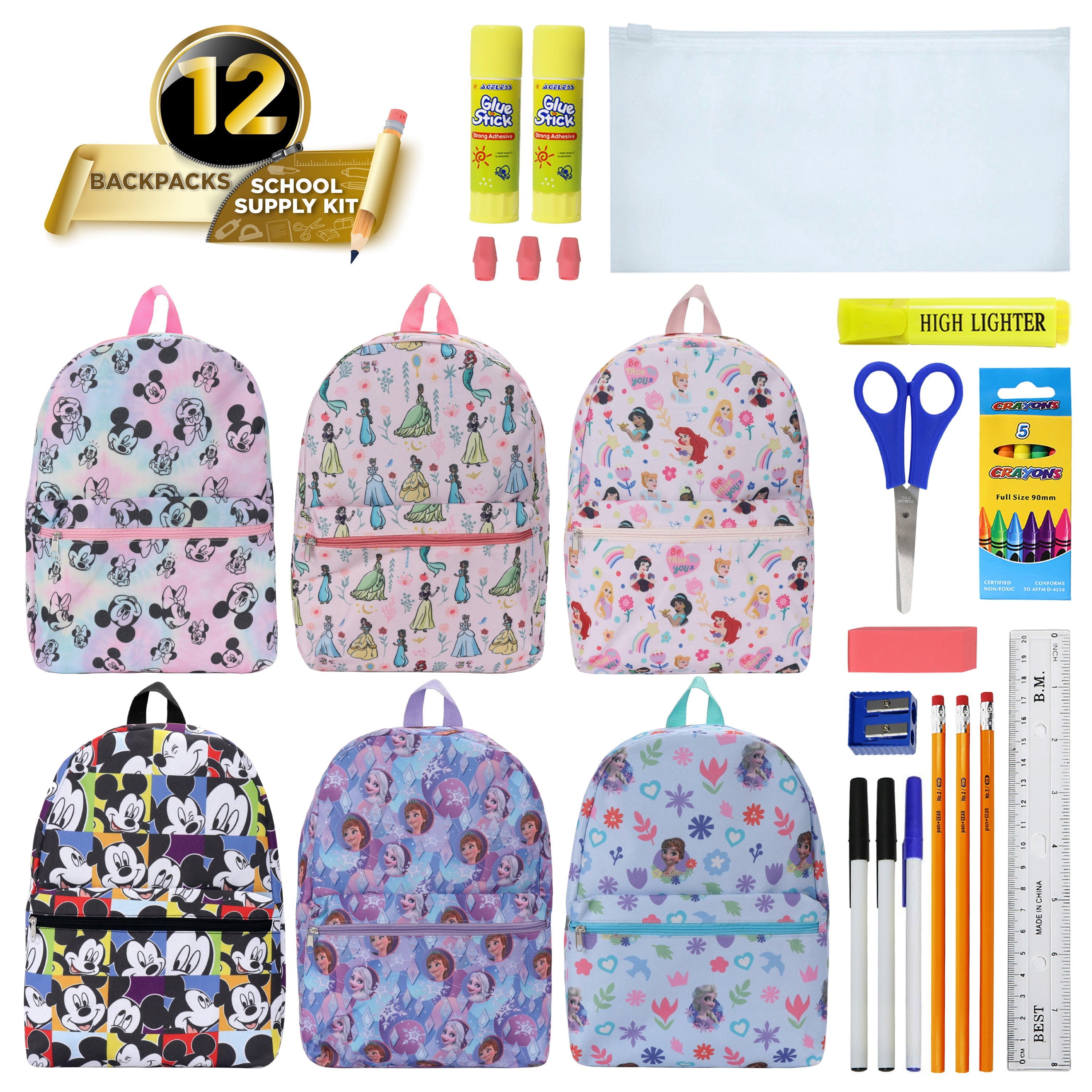 12 Bulk 17" Kids Backpacks in Assorted Prints & 12 Wholesale School Supply Kits of Your Choice