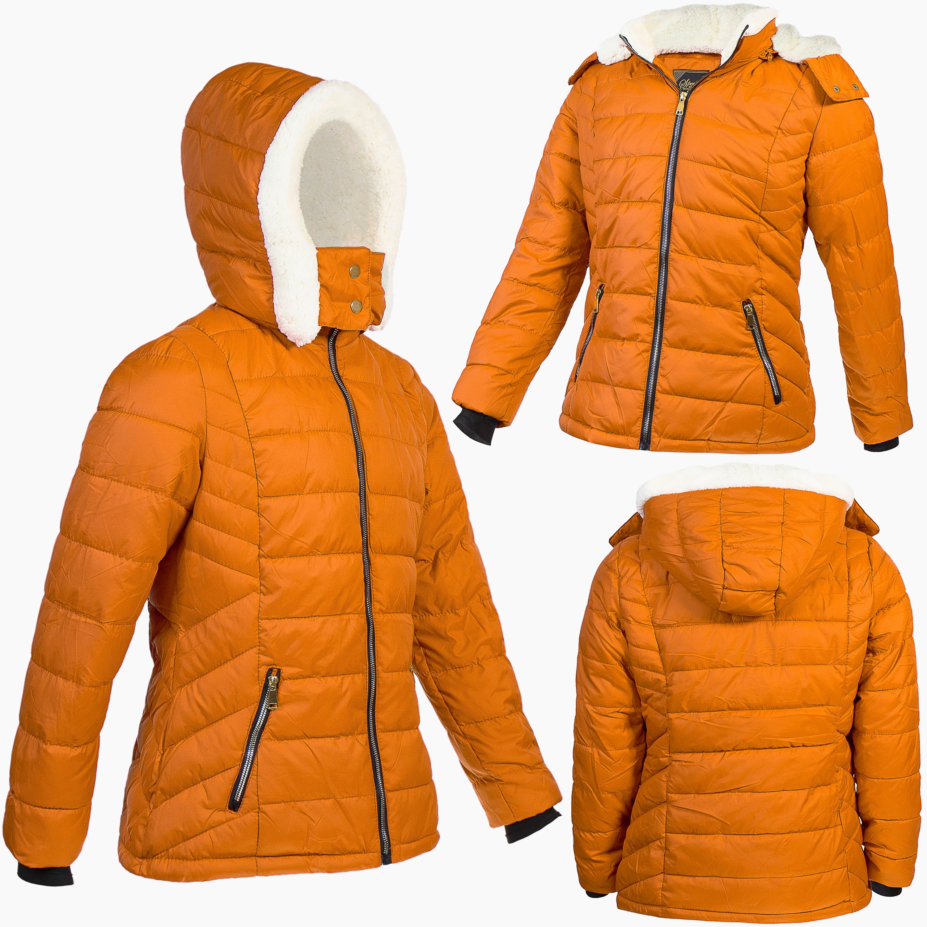 Women's Warm Wholesale Puffer Coats in Orange in Assorted Sizes - Bulk Case of 12 Winter Jackets