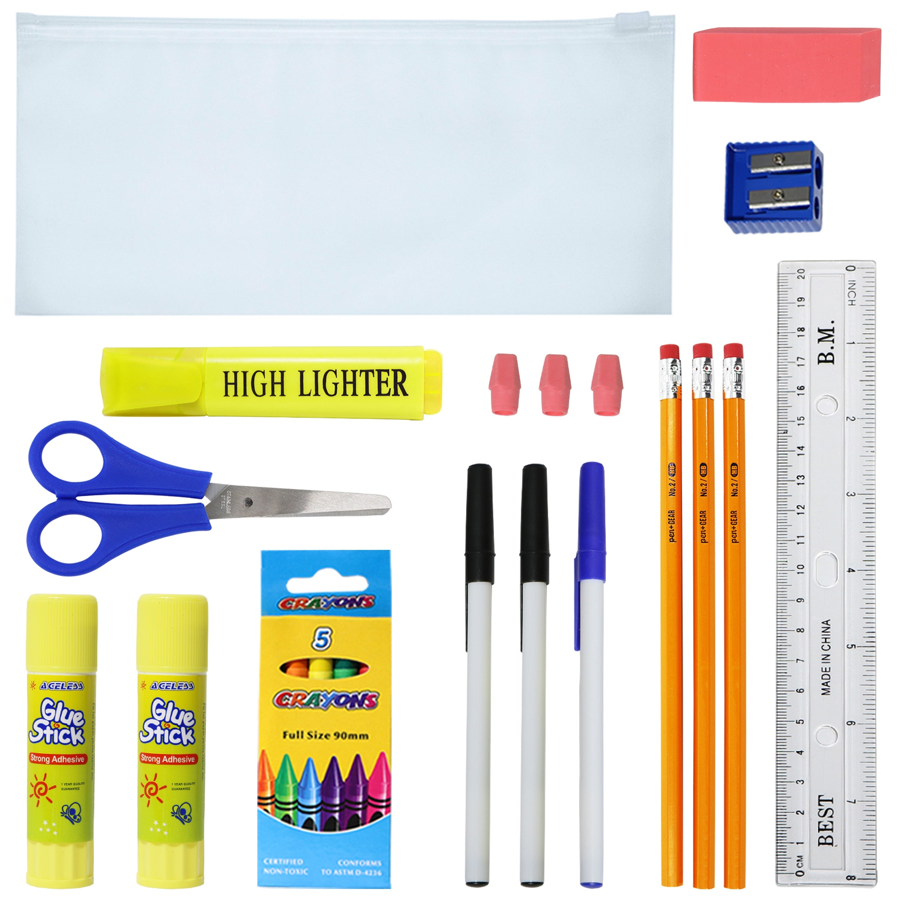 12 Wholesale 18" Black Bungee Backpacks & 12 Bulk School Supply Kits of Your Choice