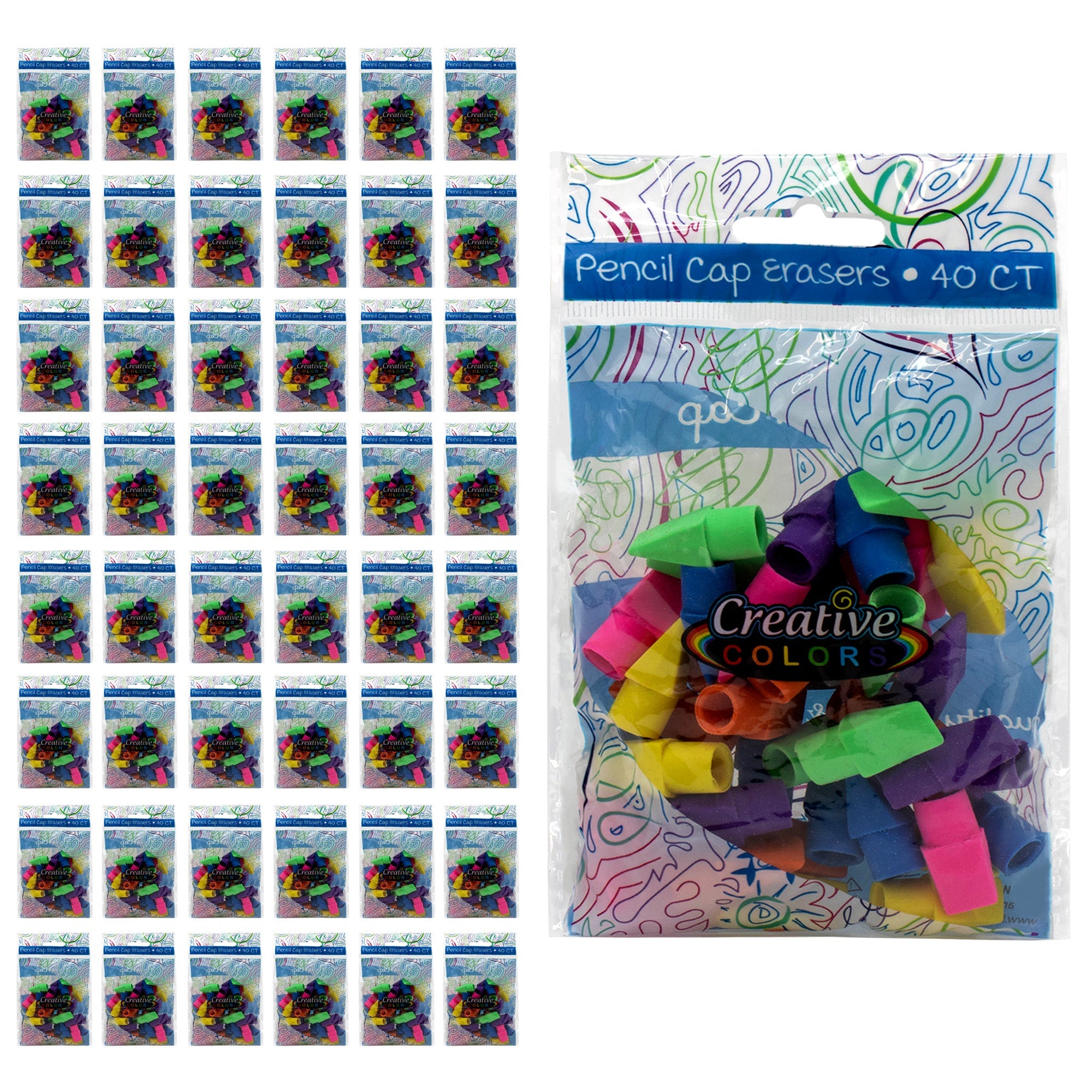 40 Pack of Colored Pencil Cap Erasers - Bulk School Supplies Wholesale Case of 96 Packs of Colored Pencil Cap Erasers