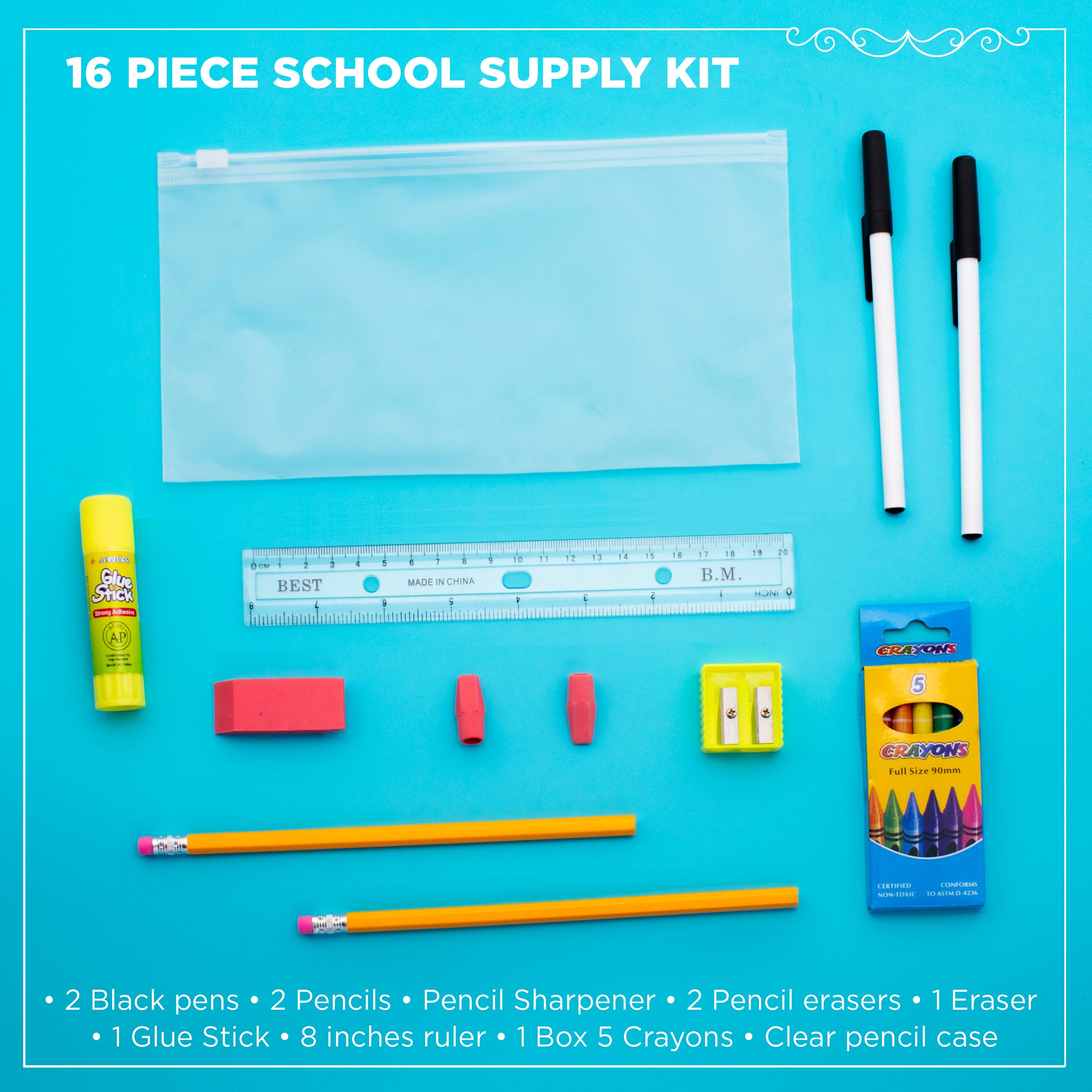 16 Piece Wholesale Basic School Supply Kits - Bulk Case of 48 Kits