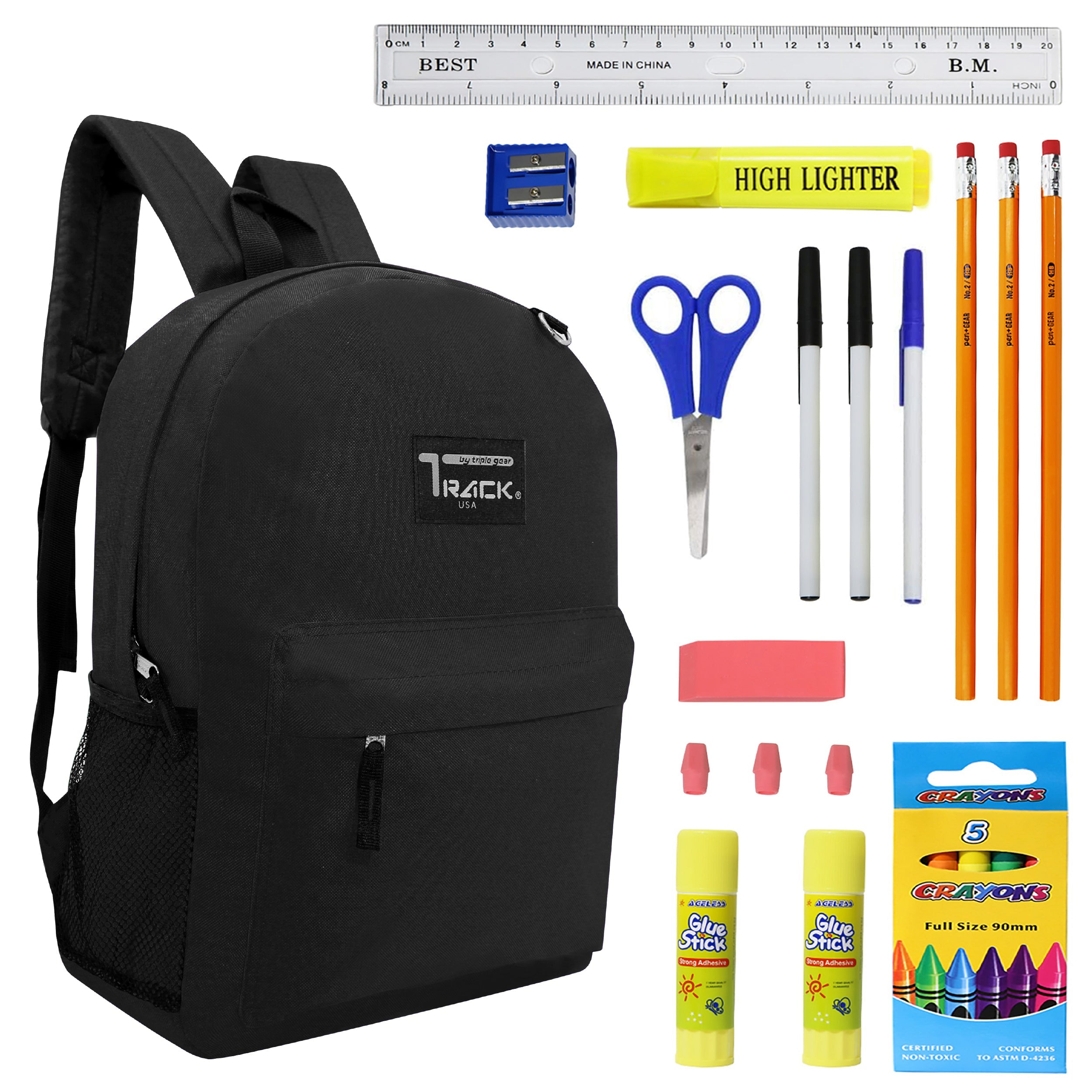 12 Black Wholesale Track Brand 17" Backpacks and 12 School Supply Kits of Your Choice