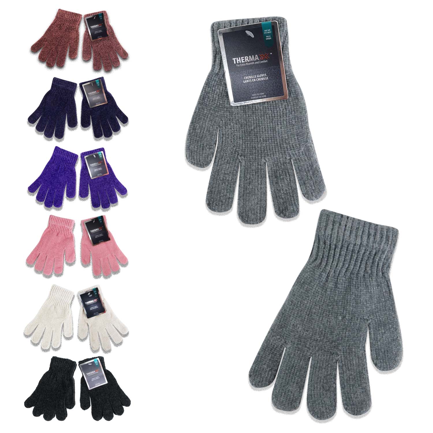 Unisex Wholesale Chenille Gloves in 7 Assorted Colors - Bulk Case of 96 Pairs