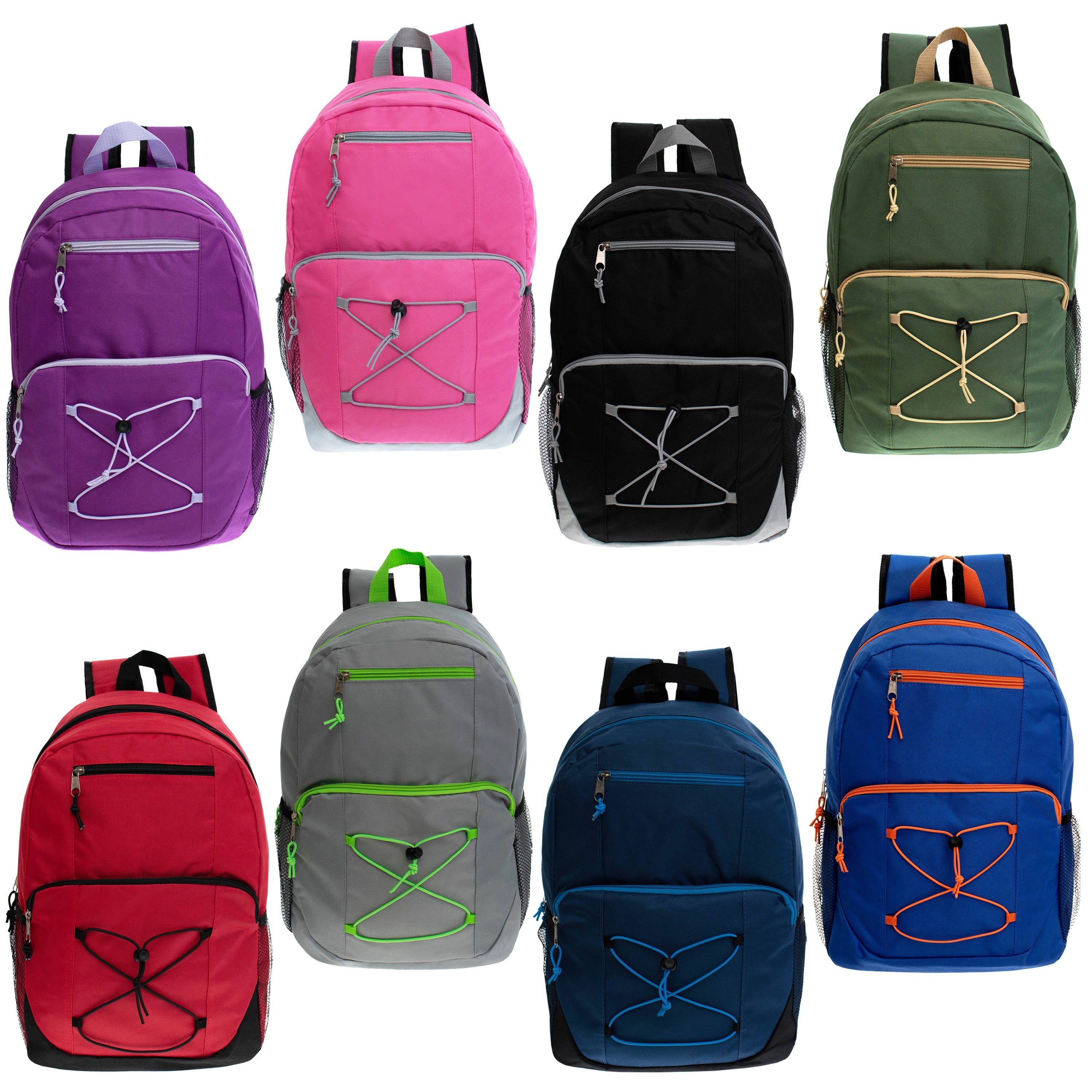 12 Bungee Style 17" Wholesale Backpacks in Assorted Colors & 12 Bulk School Supply Kits of Your Choice