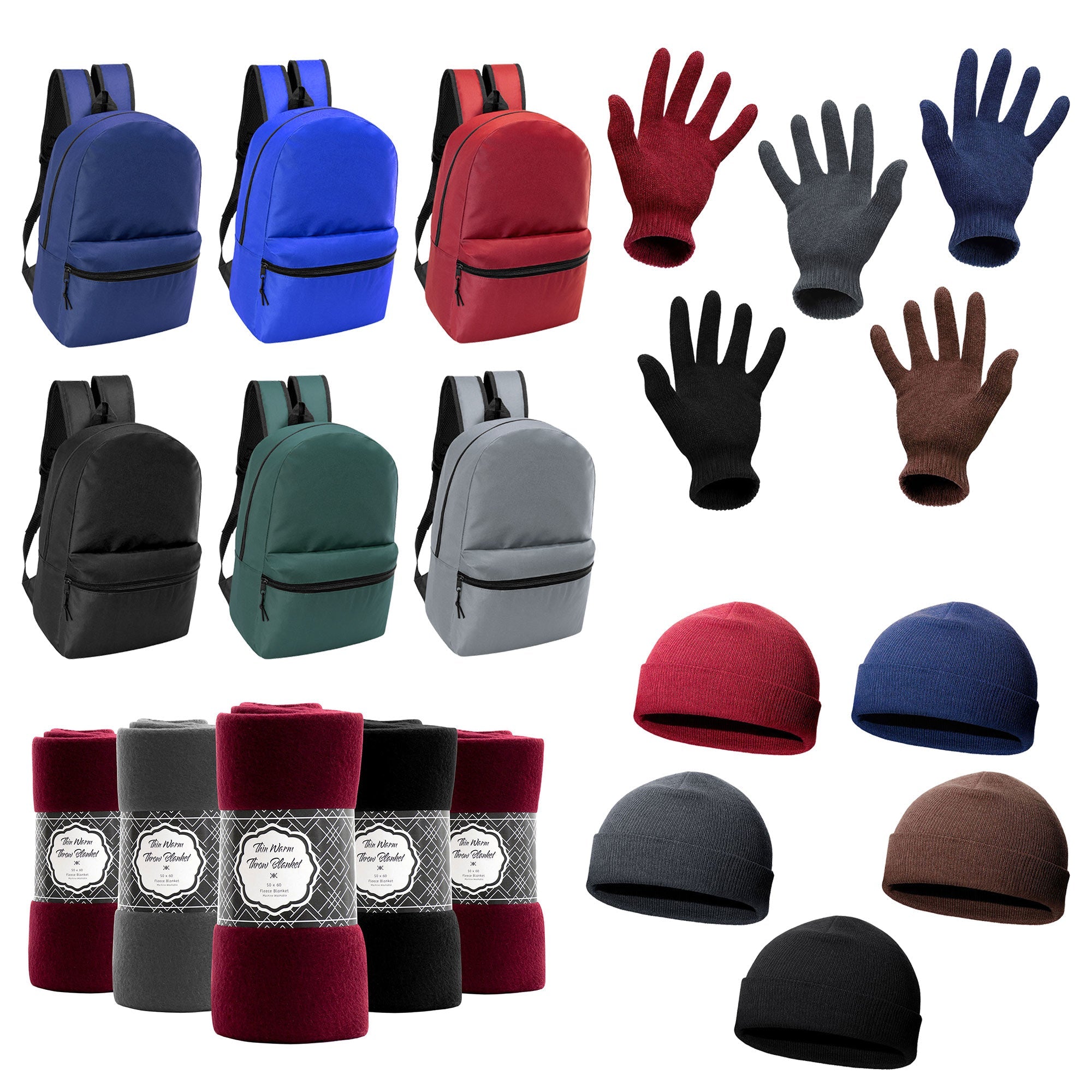 12 Basic 17" Backpacks in 6 Colors & Your Choice of 12 Winter Item Sets - Wholesale Care Package: Homeless, Emergency, Charity