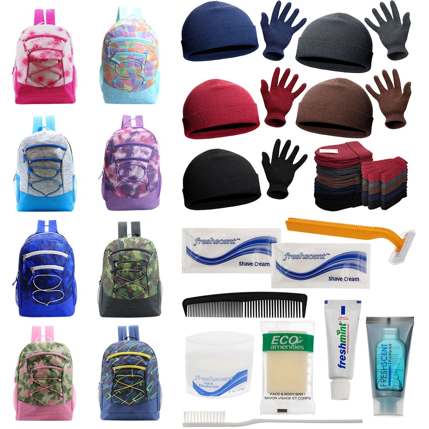 Bulk Case of 12 Backpacks and 12 Winter Item Sets and 12 Hygiene Kits - Wholesale Care Package - Emergencies, Homeless, Charity