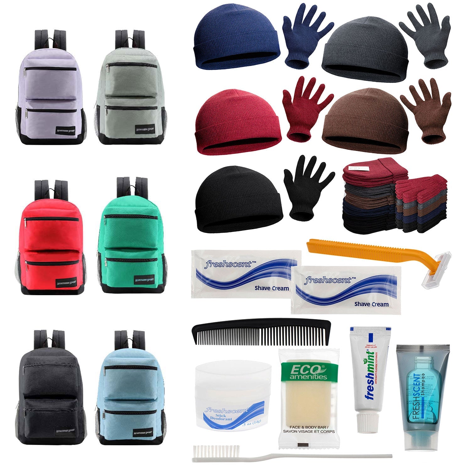 Bulk Case of 12 Backpacks and 12 Winter Item Sets and 12 Hygiene Kits - Wholesale Care Package - Emergencies, Homeless, Charity