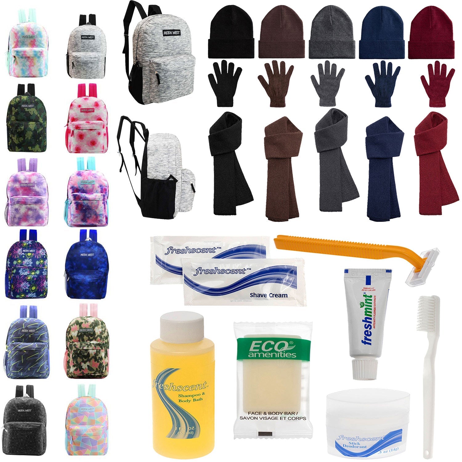 Bulk Case of 12 Backpacks and 12 Winter Item Sets and 12 Hygiene Kits - Wholesale Care Package - Emergencies, Homeless, Charity