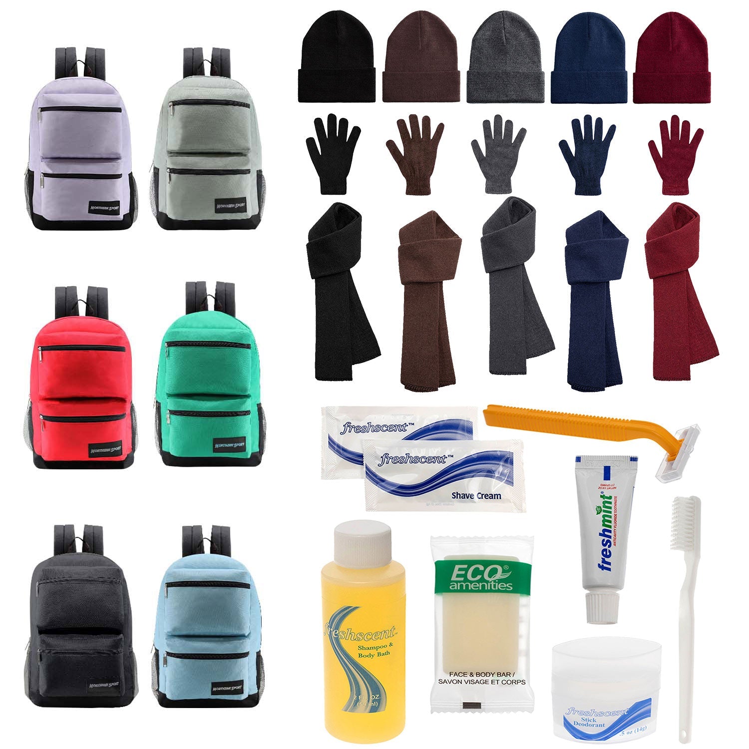 Bulk Case of 12 Backpacks and 12 Winter Item Sets and 12 Hygiene Kits - Wholesale Care Package - Emergencies, Homeless, Charity