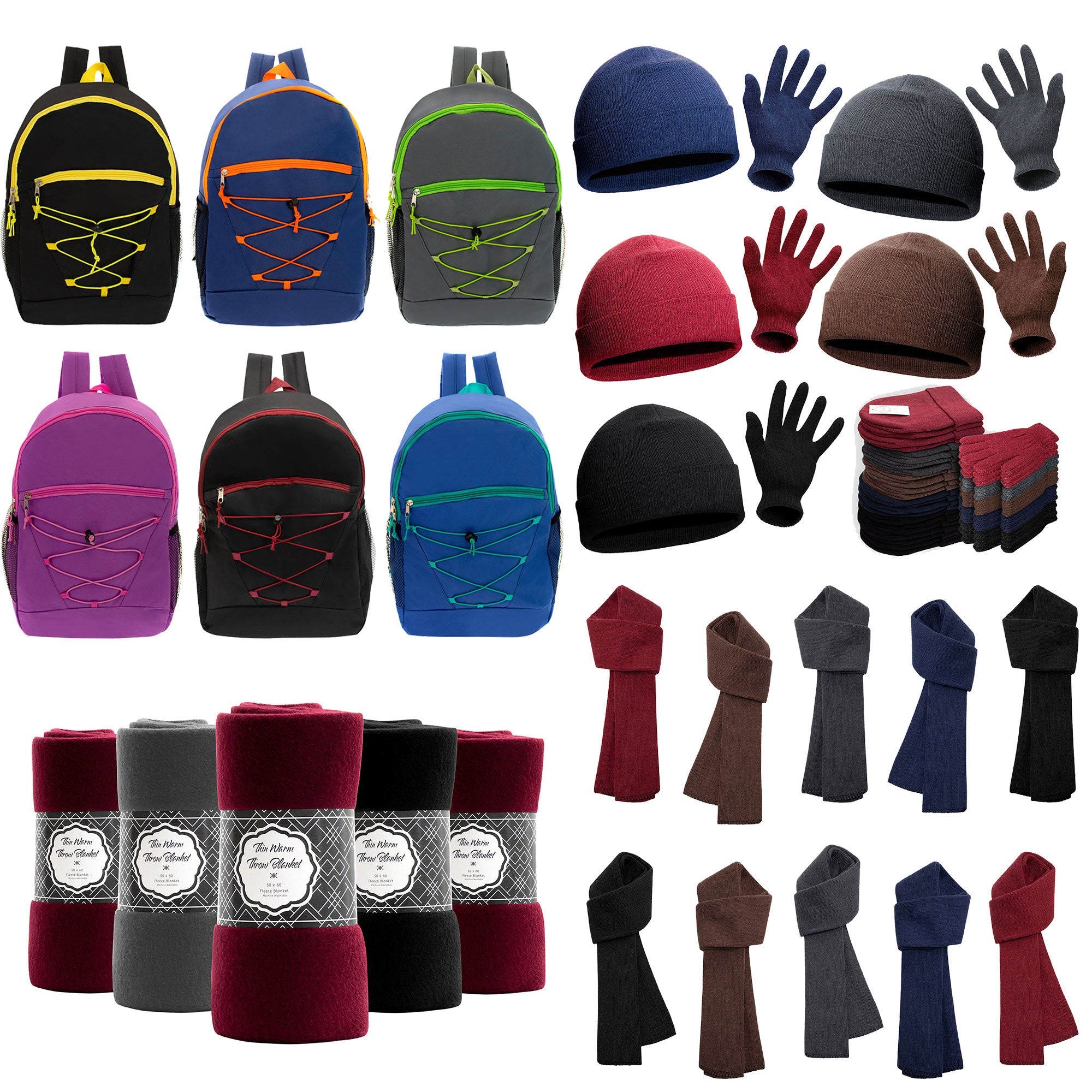 12 Bungee 17" Backpacks in 6 Colors & Your Choice of 12 Winter Item Sets - Wholesale Care Package: Homeless, Emergency, Charity