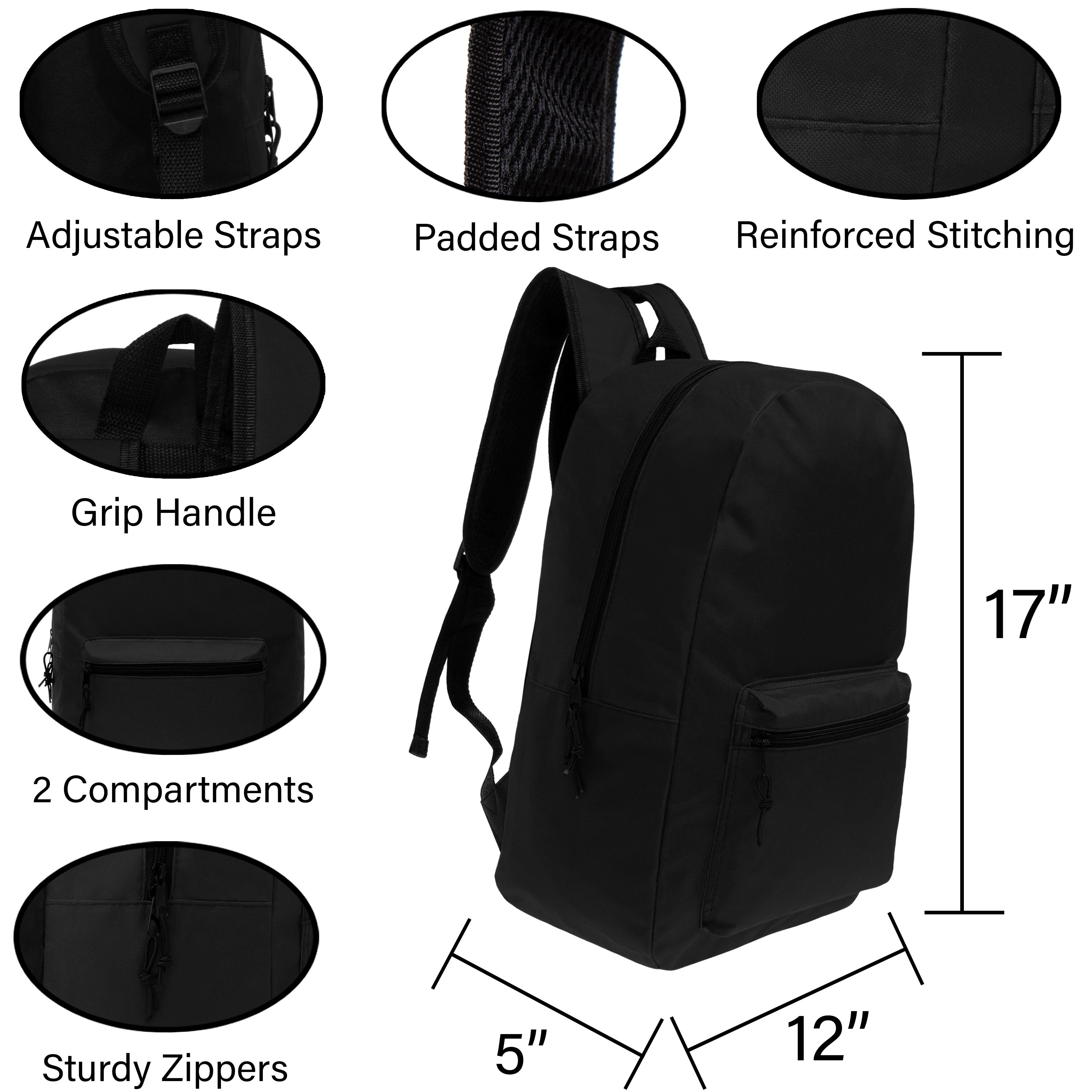 17 inches School Backpacks for Kids In Black Color Bulk School Supplies - Kit Case Of 12