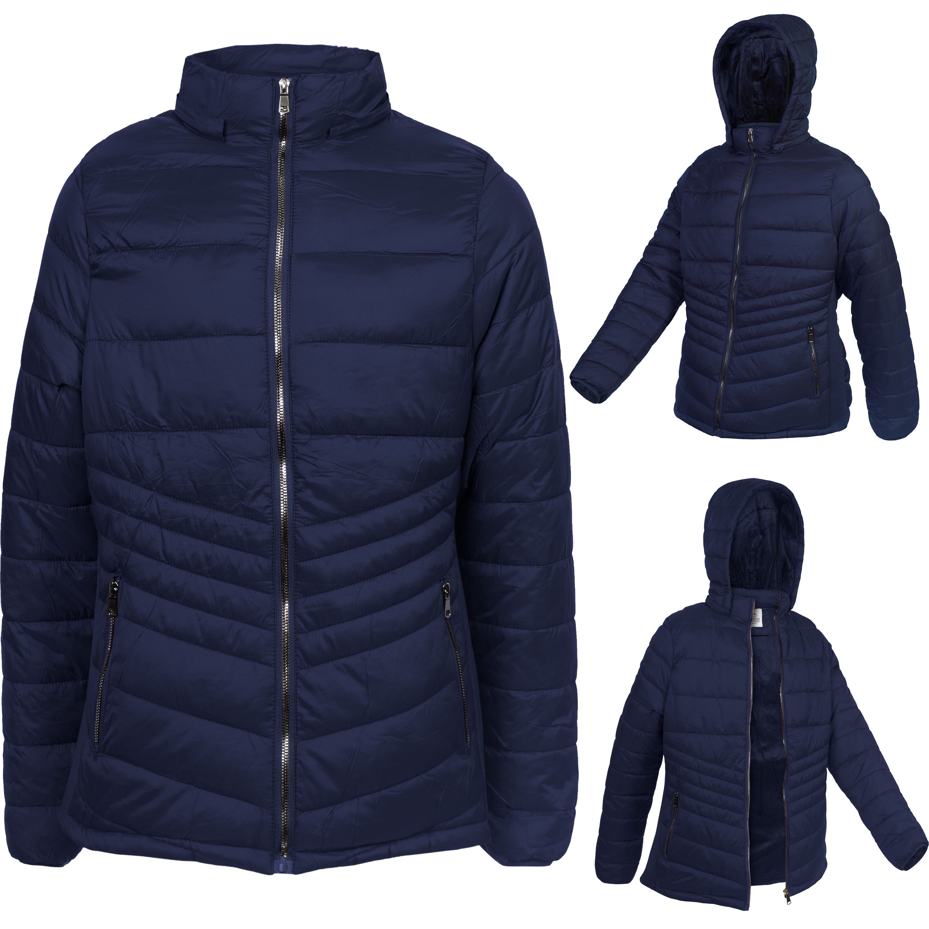 Women's Soft Navy Blue Puffer Wholesale Coats in Assorted Plus Sizes - Bulk Case of 12 Jackets