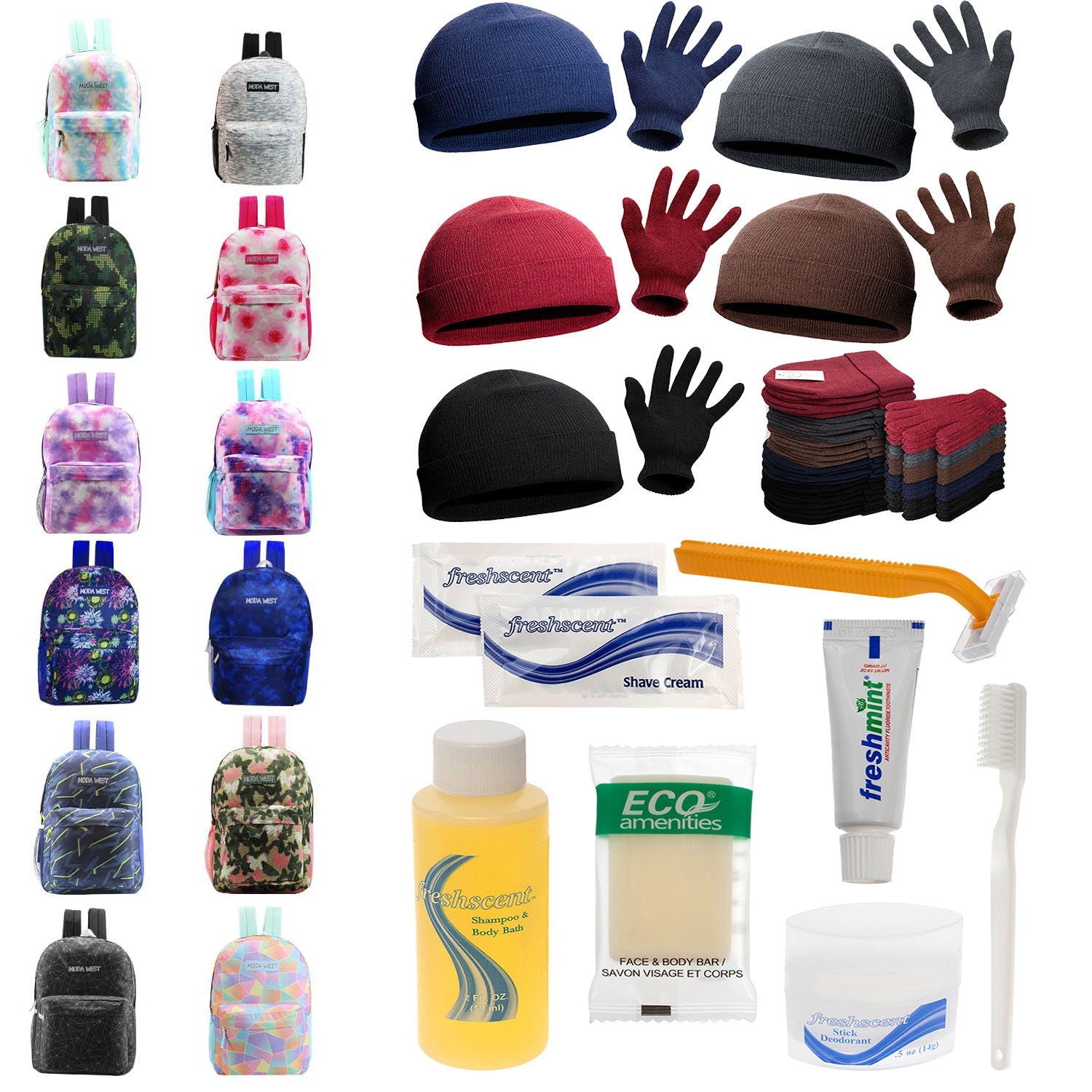 Bulk Case of 12 Backpacks and 12 Winter Item Sets and 12 Hygiene Kits - Wholesale Care Package - Emergencies, Homeless, Charity