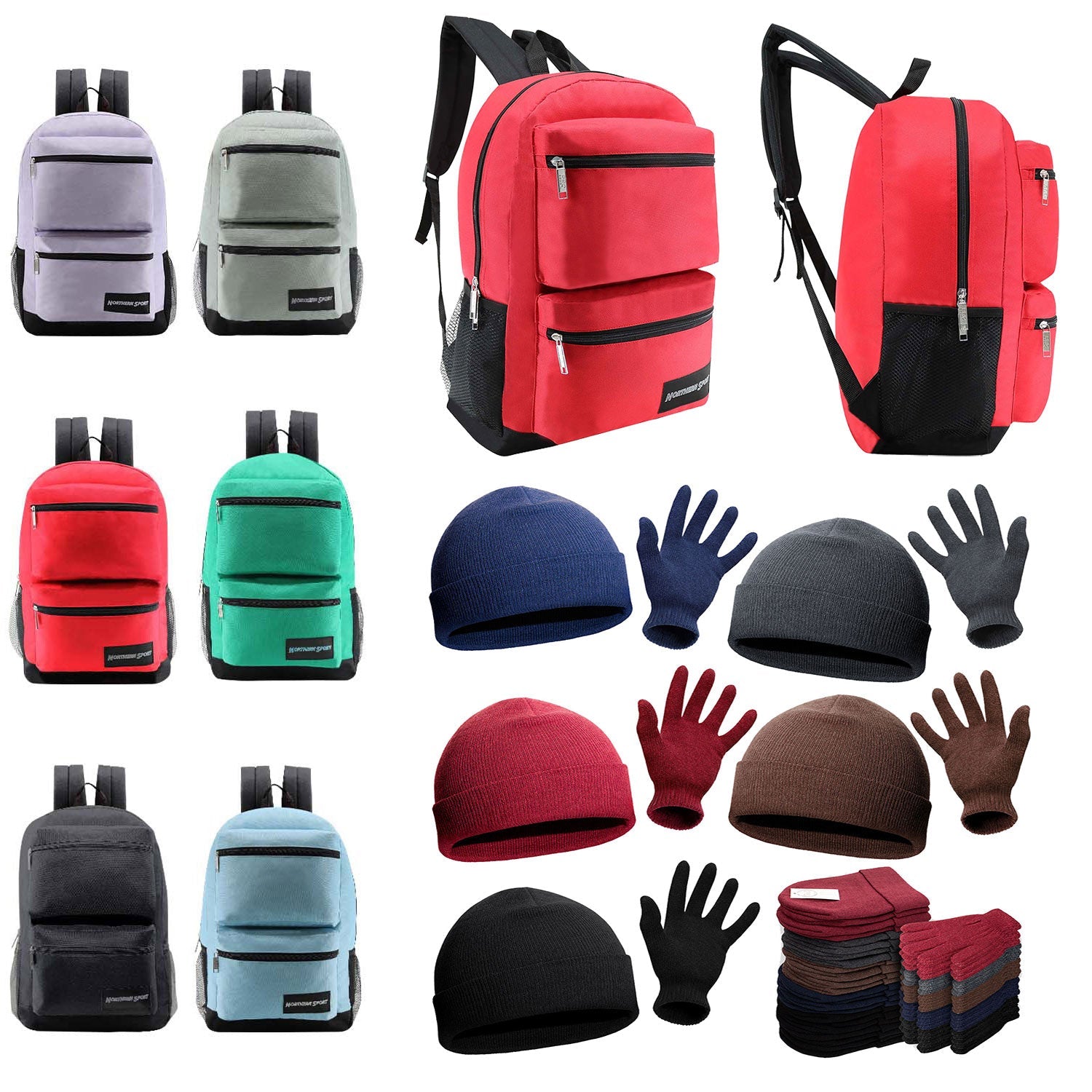 Bulk Case of 12 Backpacks and 12 Winter Item Sets - Wholesale Care Package - Emergencies, Homeless, Charity