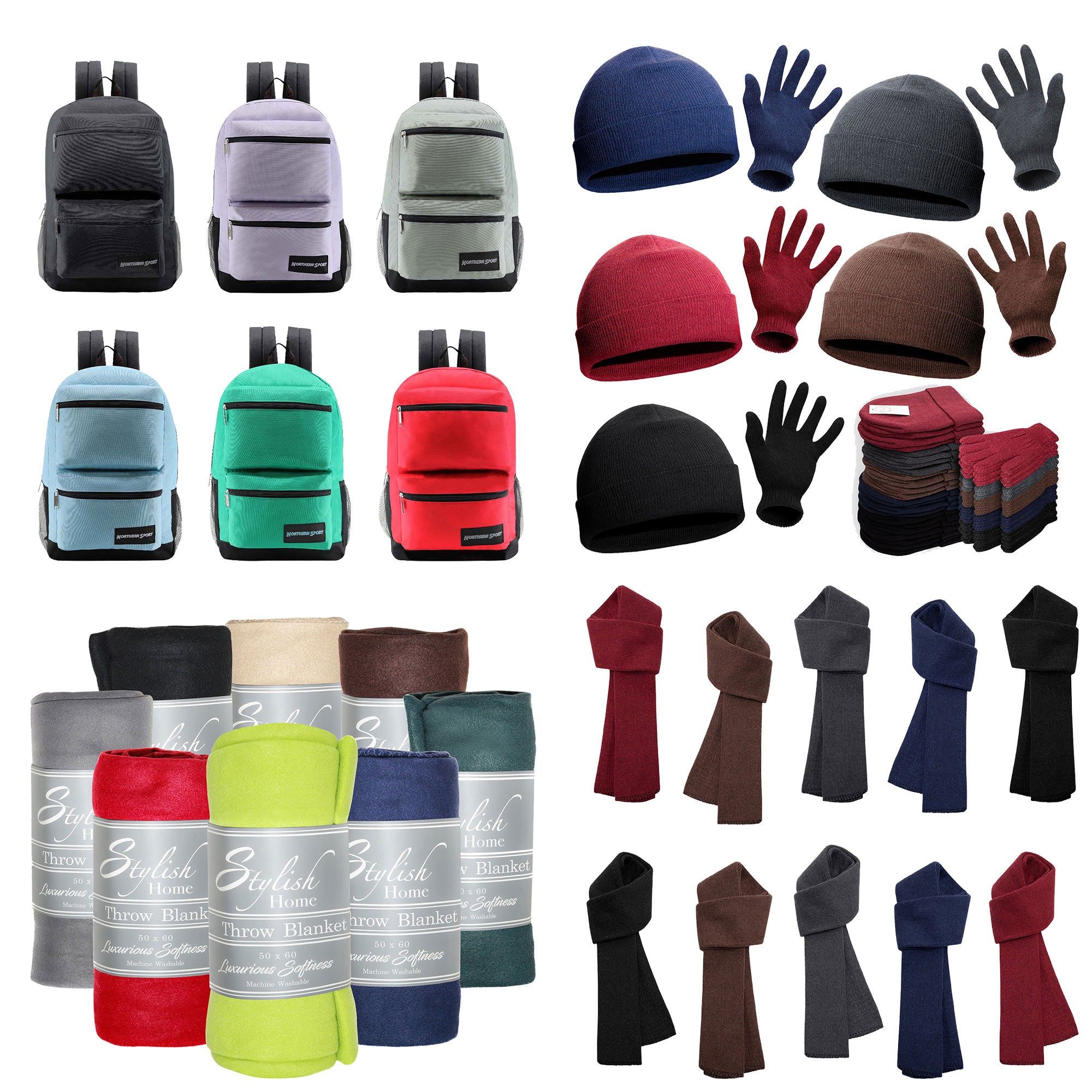 12 Deluxe 17" Backpacks & Your Choice of 12 Winter Item Sets - Wholesale Care Package: Homeless, Emergency, Charity